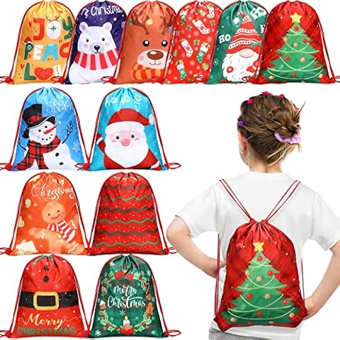 12 Stück Weihnachten Rucksack mit Kordelzug Geschenktüten 13,19 x 16,34 Zoll Weihnachten Weihnachtsmann Schneemann Weihnachtsbaum Geschenktaschen Party Mitgebsel Cover
