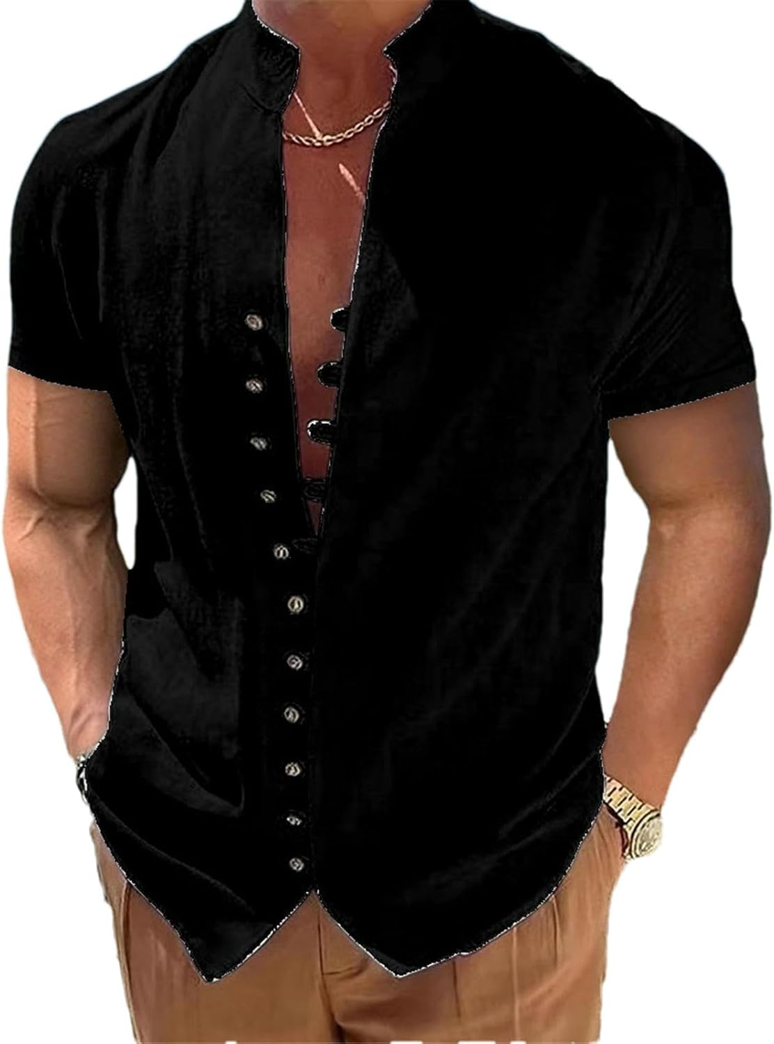 Summer Mens Retro Cotton and Linen Button Stand Collar Short Sleeve Shirt