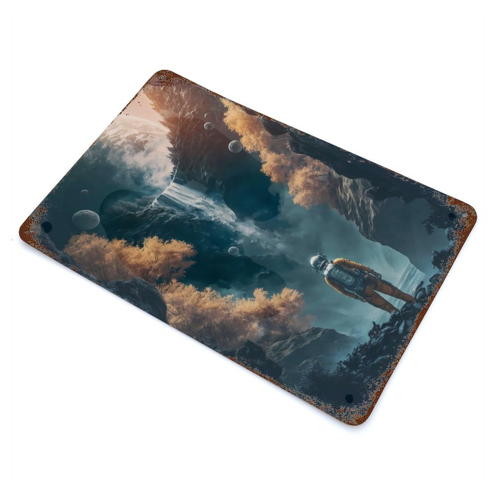 Garage Style Waterfall Astronaut Space Rusty Metal Tin Sign 11.8"x7.9", Farmhouse Wall Decor for Bar And Workshop