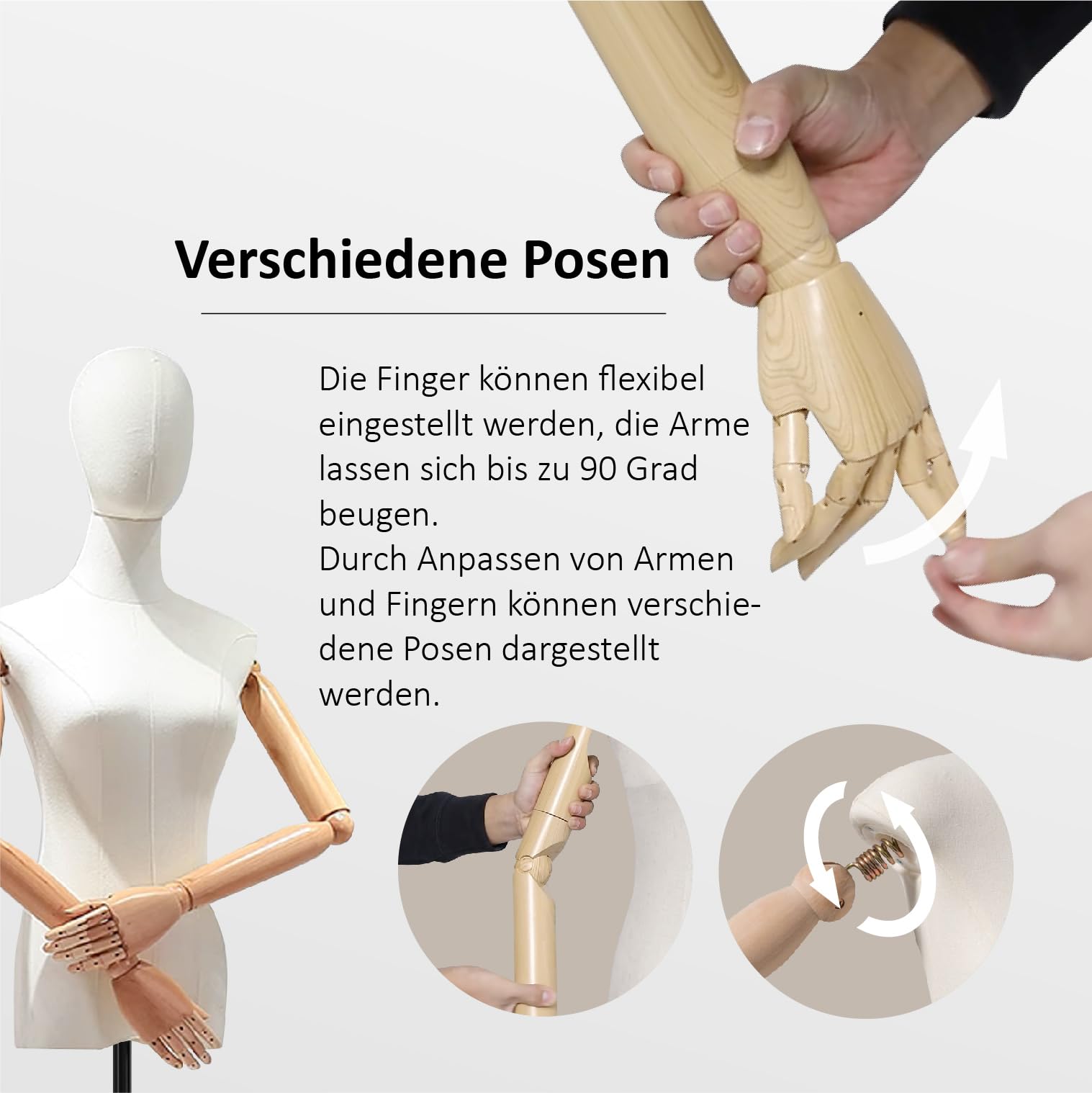 Kurflo Schaufensterpuppe Körper Weiblich, Schneiderpuppe mit abnehmbarem Kopf, Damenbüste mit flexiblen Armen, Mannequin Torso mit Verstellbare Höhe 132-190cm