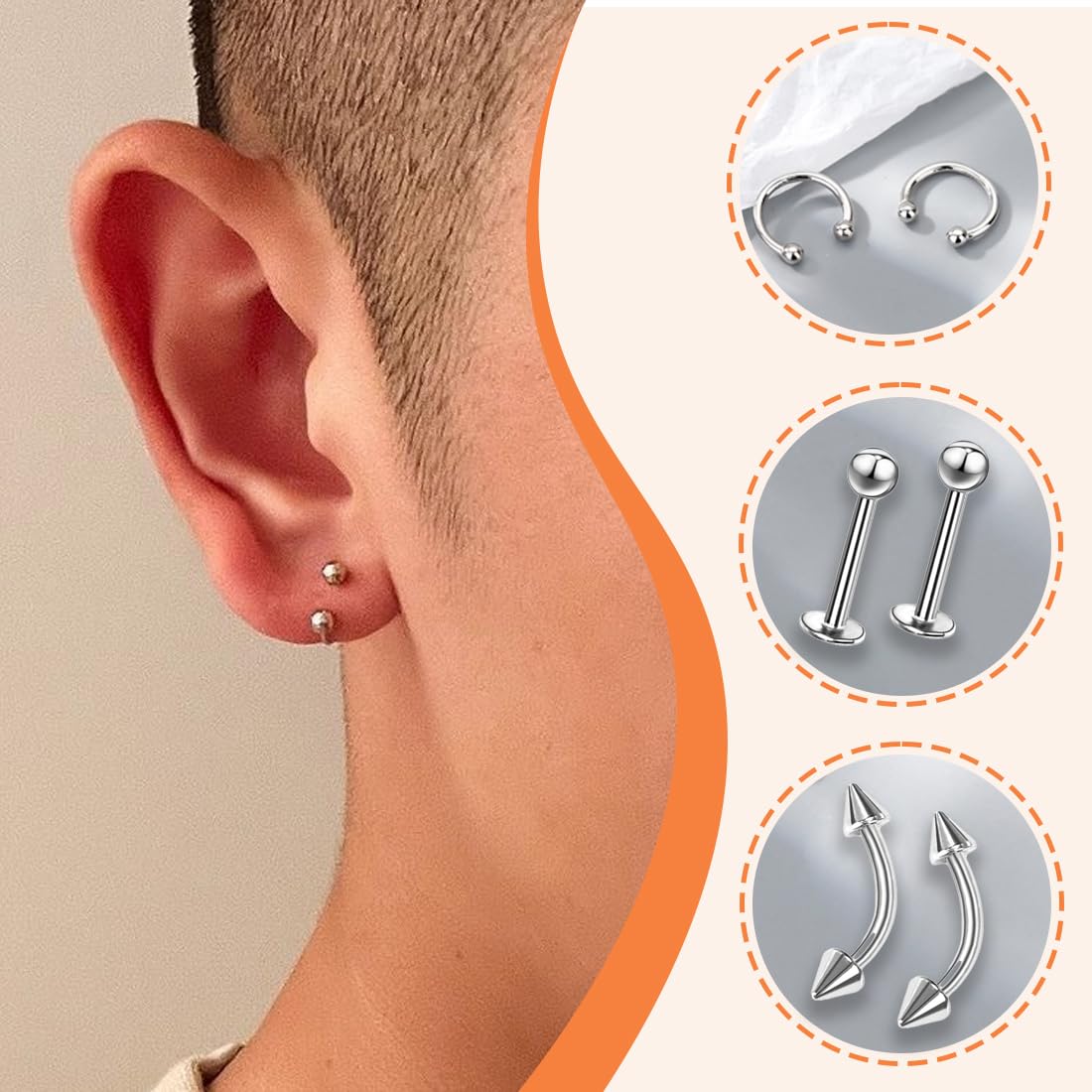 Set de Piercing Nasal Acero Quirúrgico 14 Piezas Pendientes Ceja Tragus Helix Aros Nariz Labio Labret Joya (1.2*8mm) Plateado