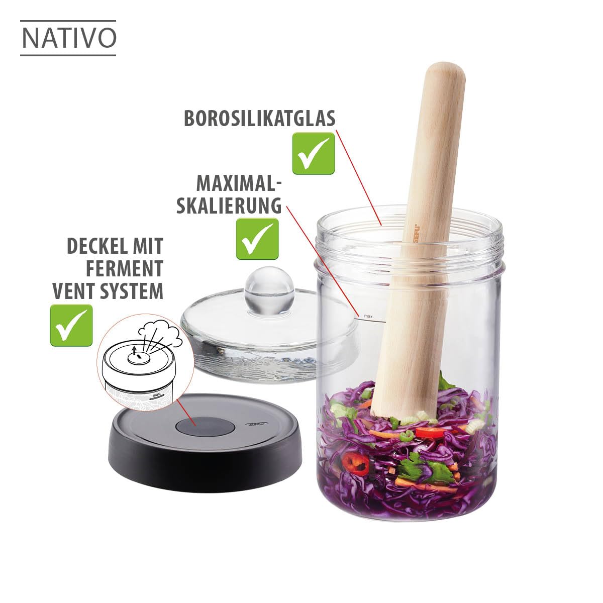 GEFU Fermentiergläser NATIVO 2er Set - 0,5L & 1L, inkl. Beschwerungsgewicht, Fermentationsglas mit Gewicht und Deckel, transparent, zum Einlegen