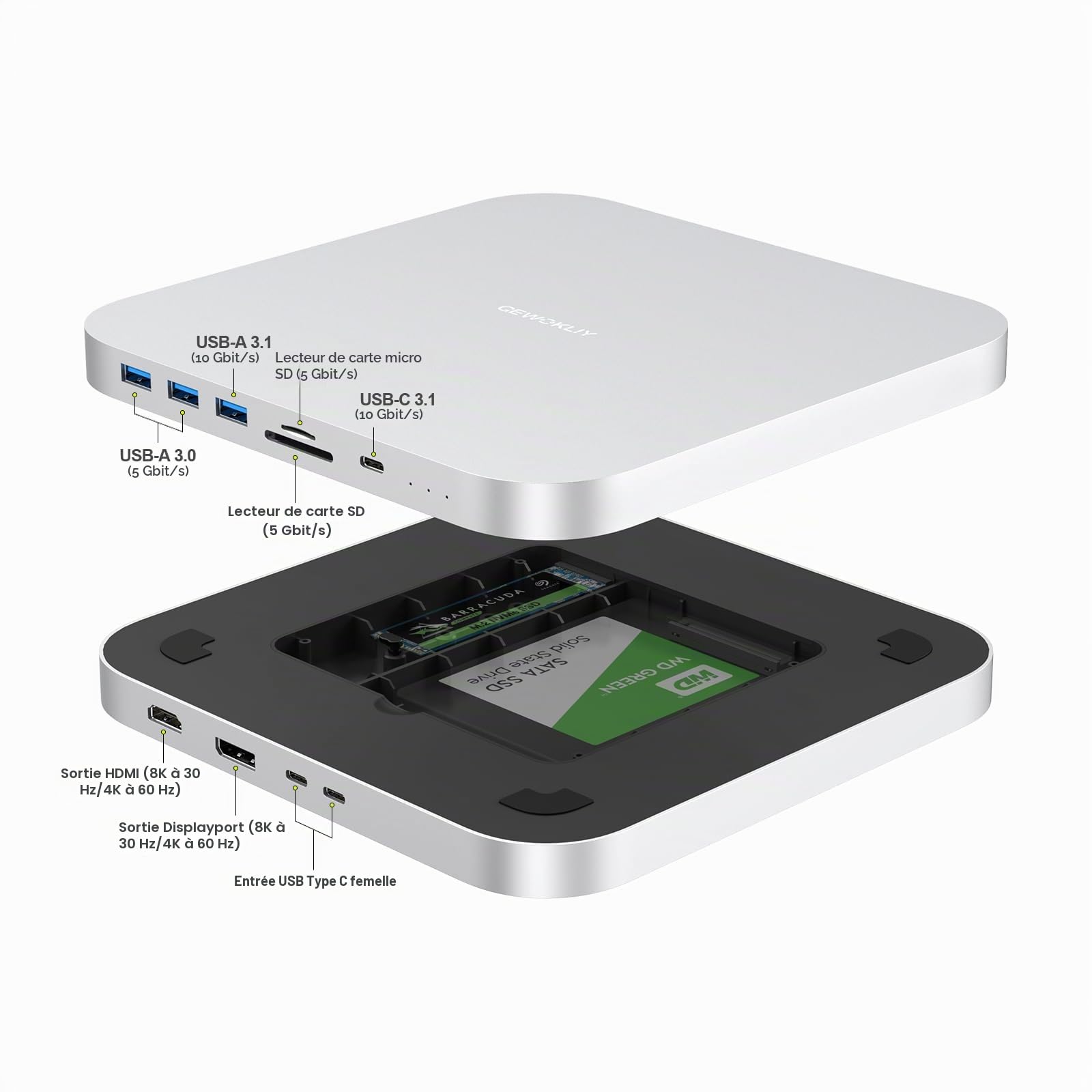 Mac Mini Dock, hub USB C avec Disque Dur SATA de 2,5", NVMe M.2 SSD, 4K @ 30 Hz, Type-C 10 Gbit/s, lecteurs de Cartes TF/SD, Compatible avec Mac Mini M1 M2