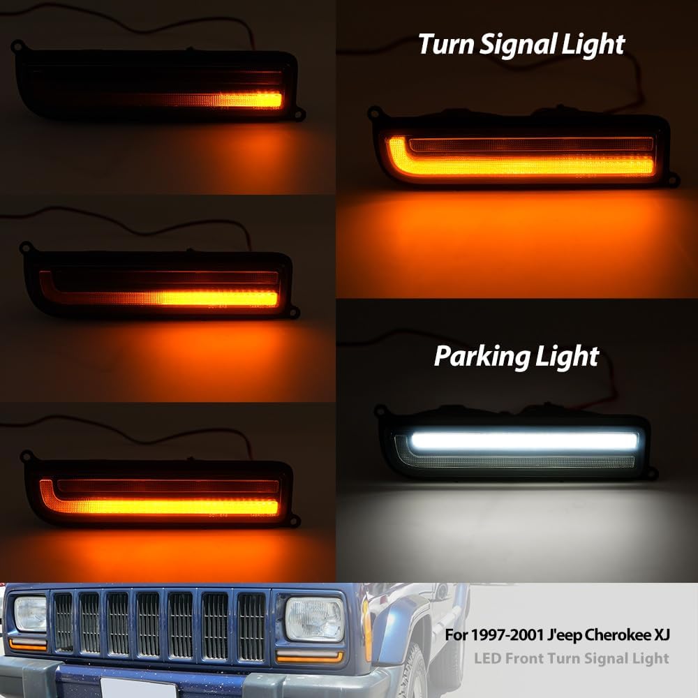 2PCS Sequential Led Front Turn Signal Lights for 1997-2001 J'eep Cherokee XJ Amber Led Bumper Signal Lights White Parking Light Front Corner Side Marker Lamps OEM Replacement 55055142 Smoked Lens