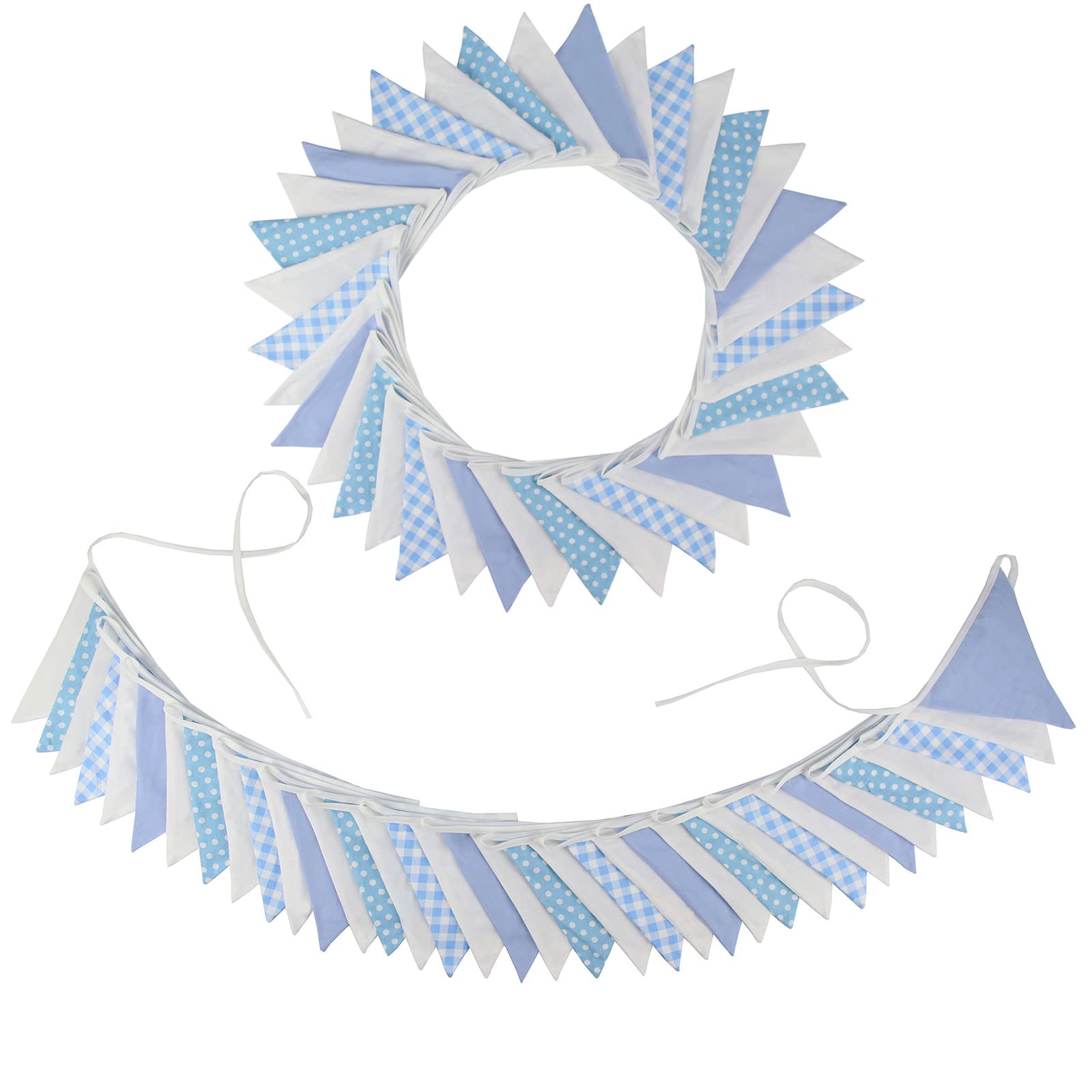 Banderines de tela a cuadros azules y blancos de 9,7 m de Zwiebeco, banderines triangulares de algodón para cumpleaños, bodas, baby showers, compromisos, fiestas de té, aulas, guarderías, hogar, exteriores, jardín.