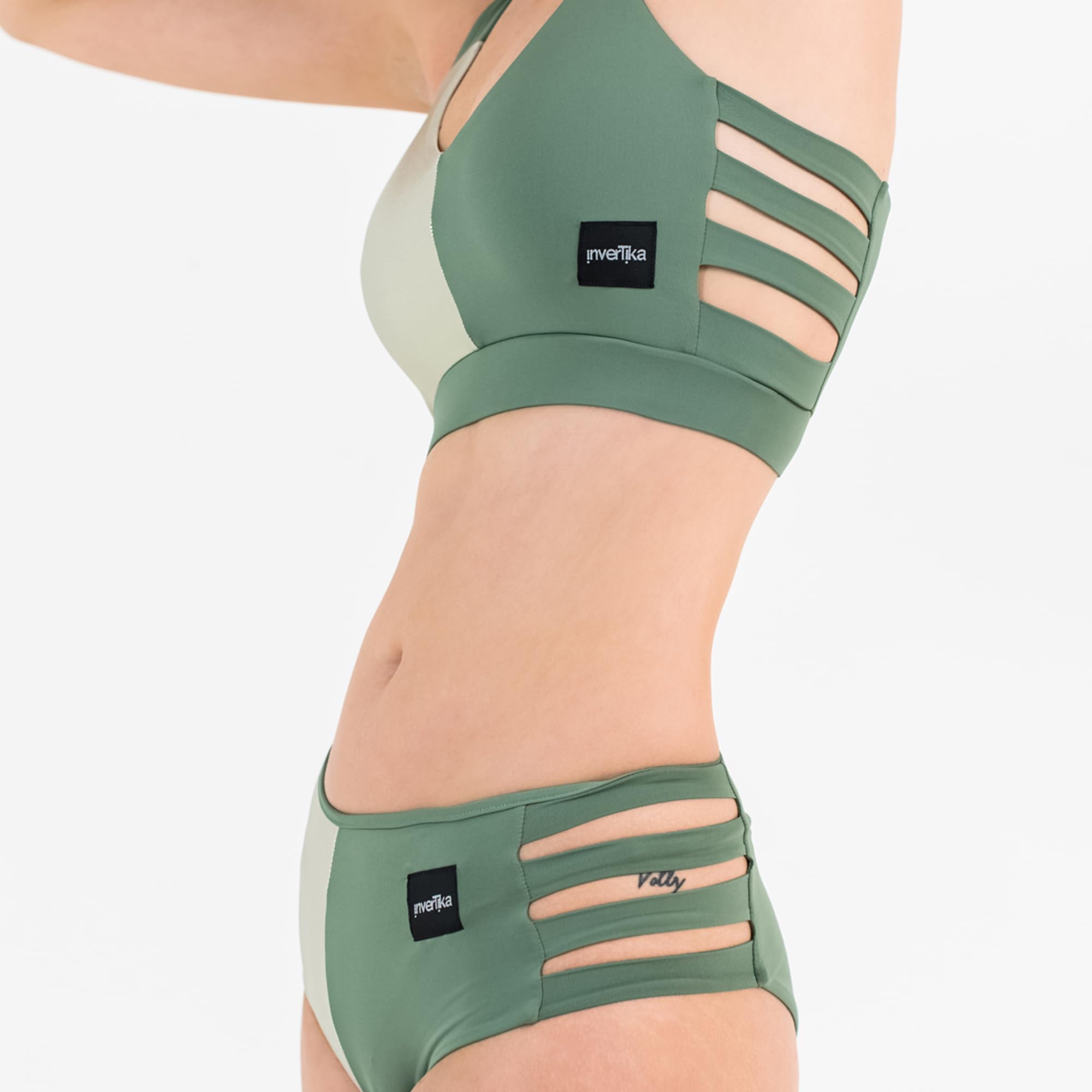 Invertika Kompletny top damski - majtki damskie - bielizna sportowa - Polak Dance z lycry podwójna twarz odwracalna wkładka Made in Italy, Zielony/Złoty, S