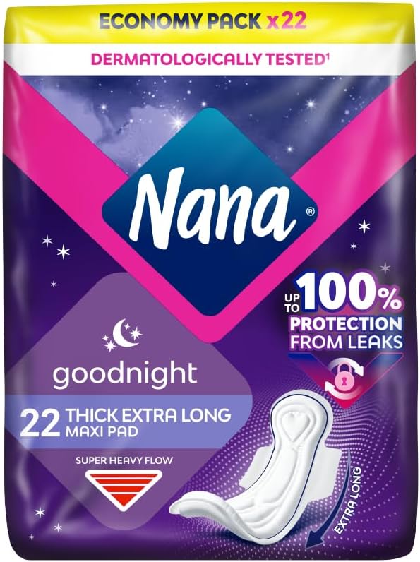 Nana Maxi Thick Goodnight Sanitary Pads Night Time, Super Heavy Flow, Maximum Absorption, Gentle on the skin - 22 Pads