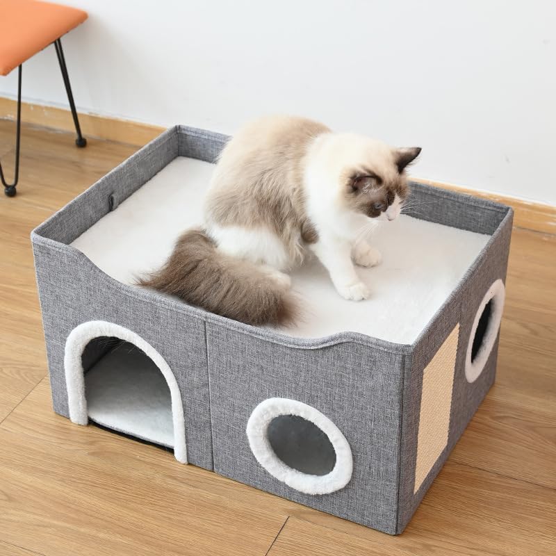 Large Cat House for Indoor Cats, Cat Cave Bed for Large Pet Cat, Foldable Cat Hideaway with Scratch Pad, Covered Cat Bed