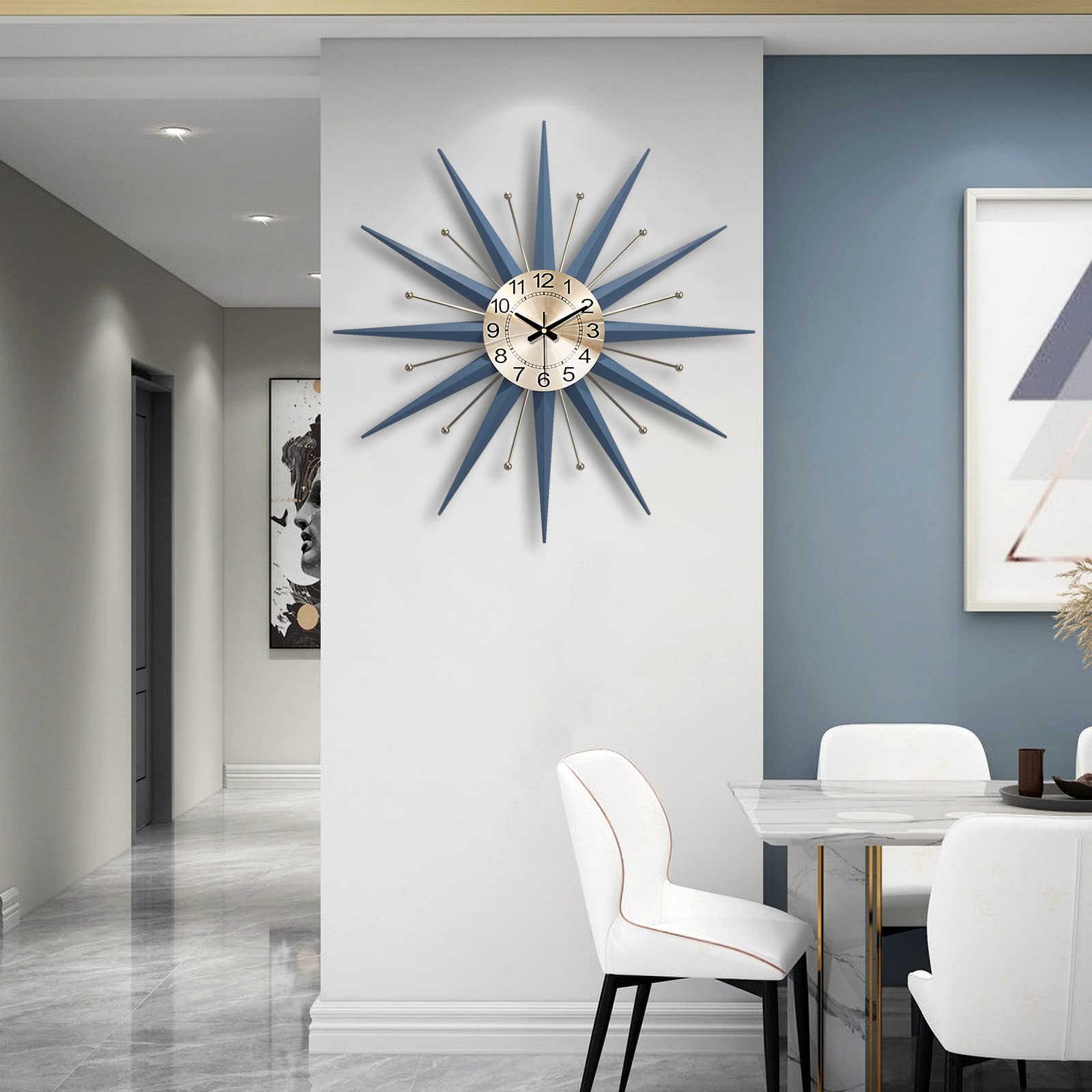Large Starburst Metal Decorative Clock 24 Inch Mid Century Modern Clock Big Silent Blue Wall Clocks for Living Room Decor
