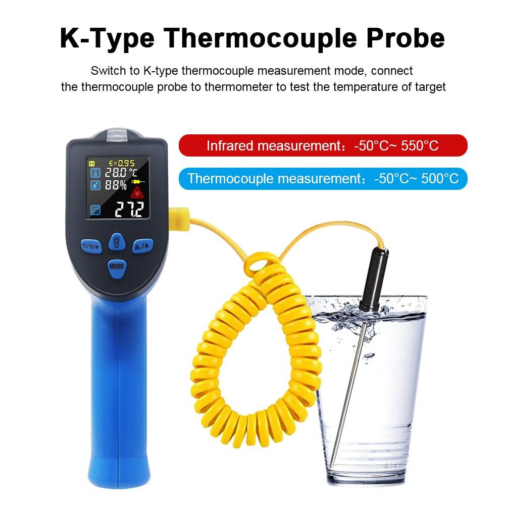 KETOTEK KT550D with K-type thermocouple probe measuring liquid temperature