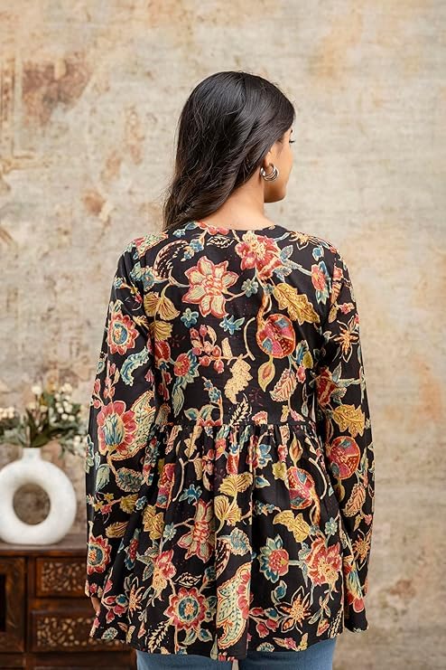 Image of LABEL ADRIJA Cotton V Neck Anarkali Short Kurti for Women Full Sleeve Floral Print | Short Kurtis for Women on Jeans