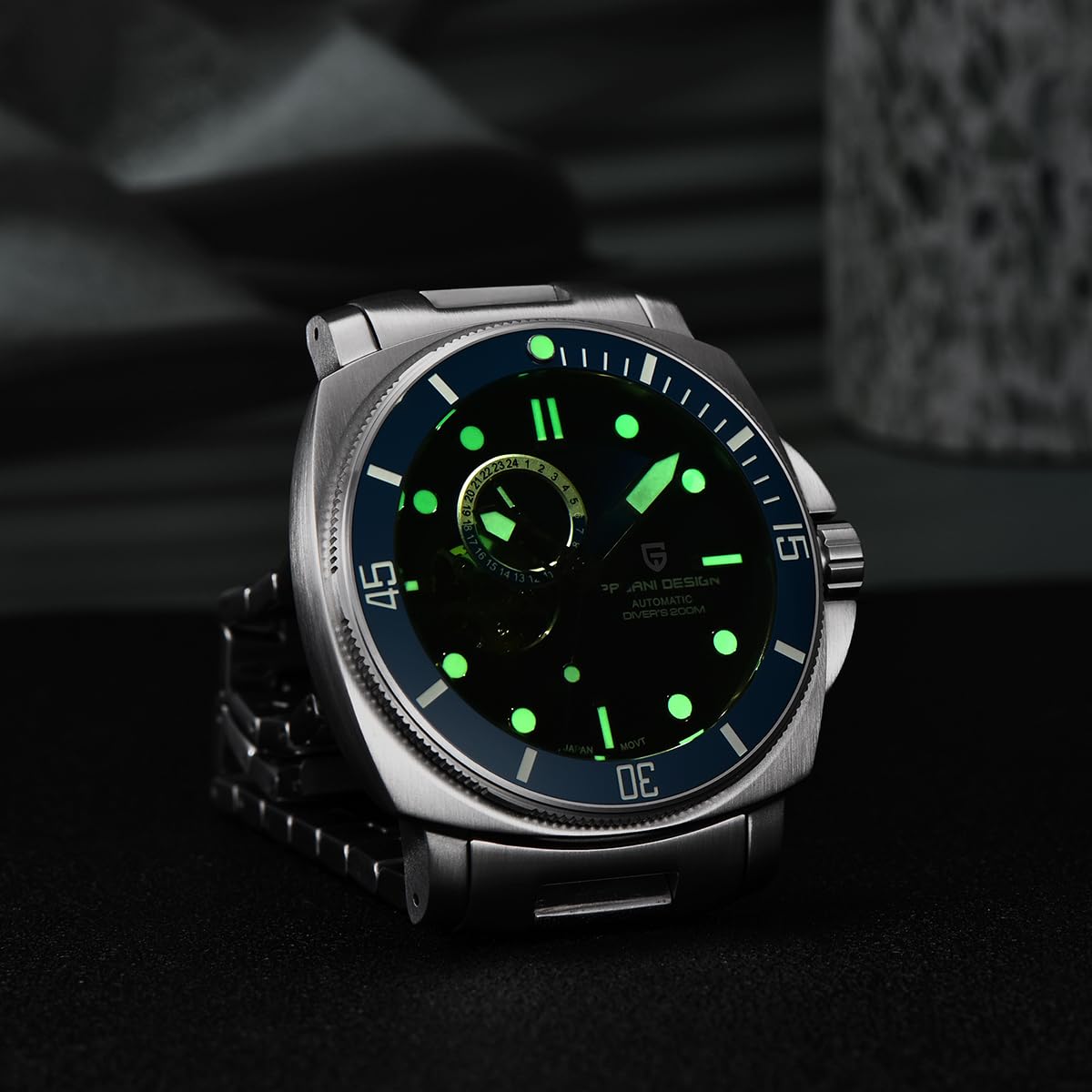 Pagani Design - Reloj mecánico automático para Hombre, Resistente al Agua hasta 200 m, Esqueleto NH39, Movimiento de Cristal de Zafiro, Azul, Casual