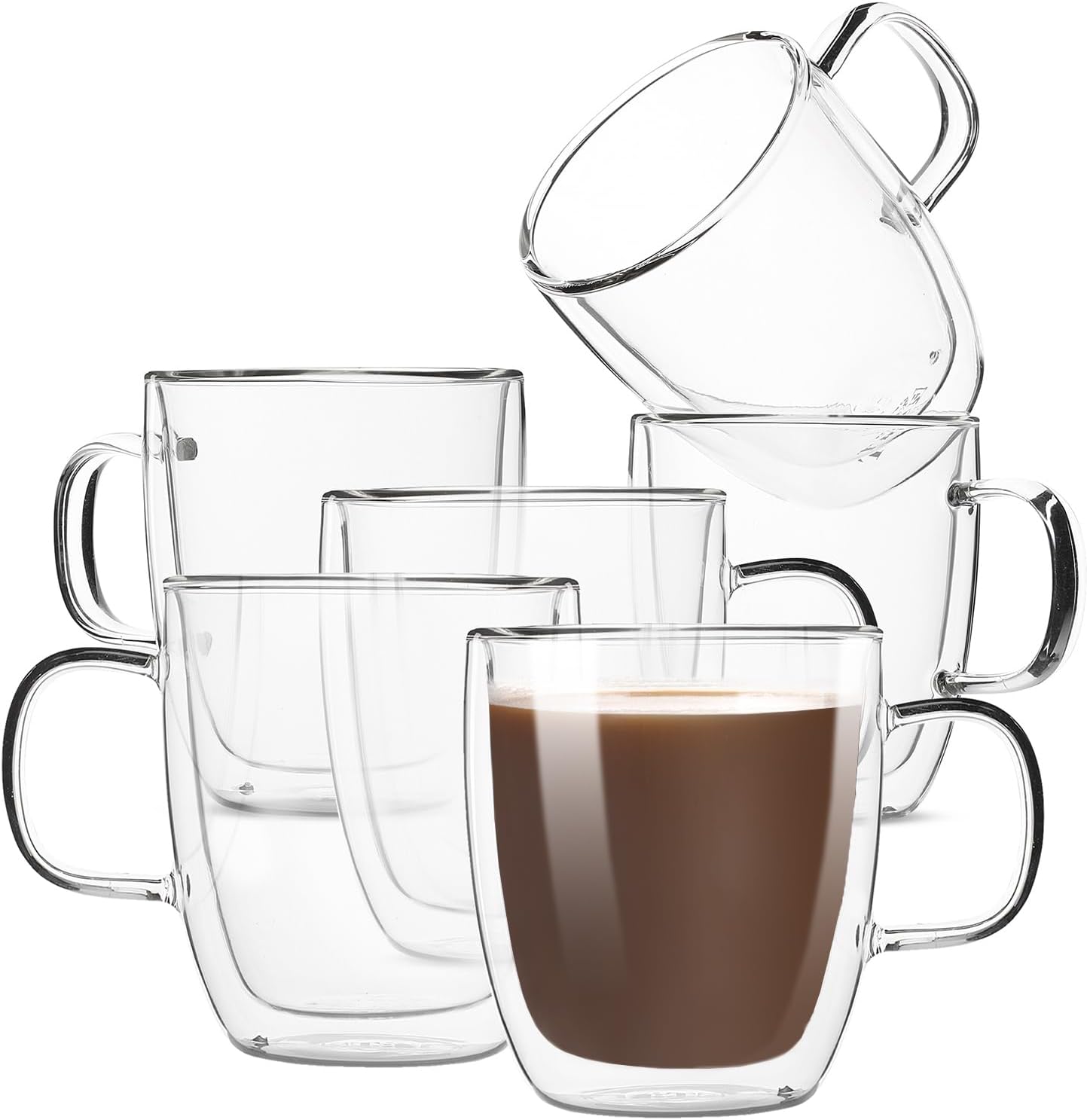 BTaT- Double Walled Glass Coffee Mugs, 12 oz, Set of 6, Glass Coffee Cups with Handle, Insulated Clear Coffee Mug for Hot and Cold Beverages, Cappuccino, Latte, Tea, Americano, Microwave Safe