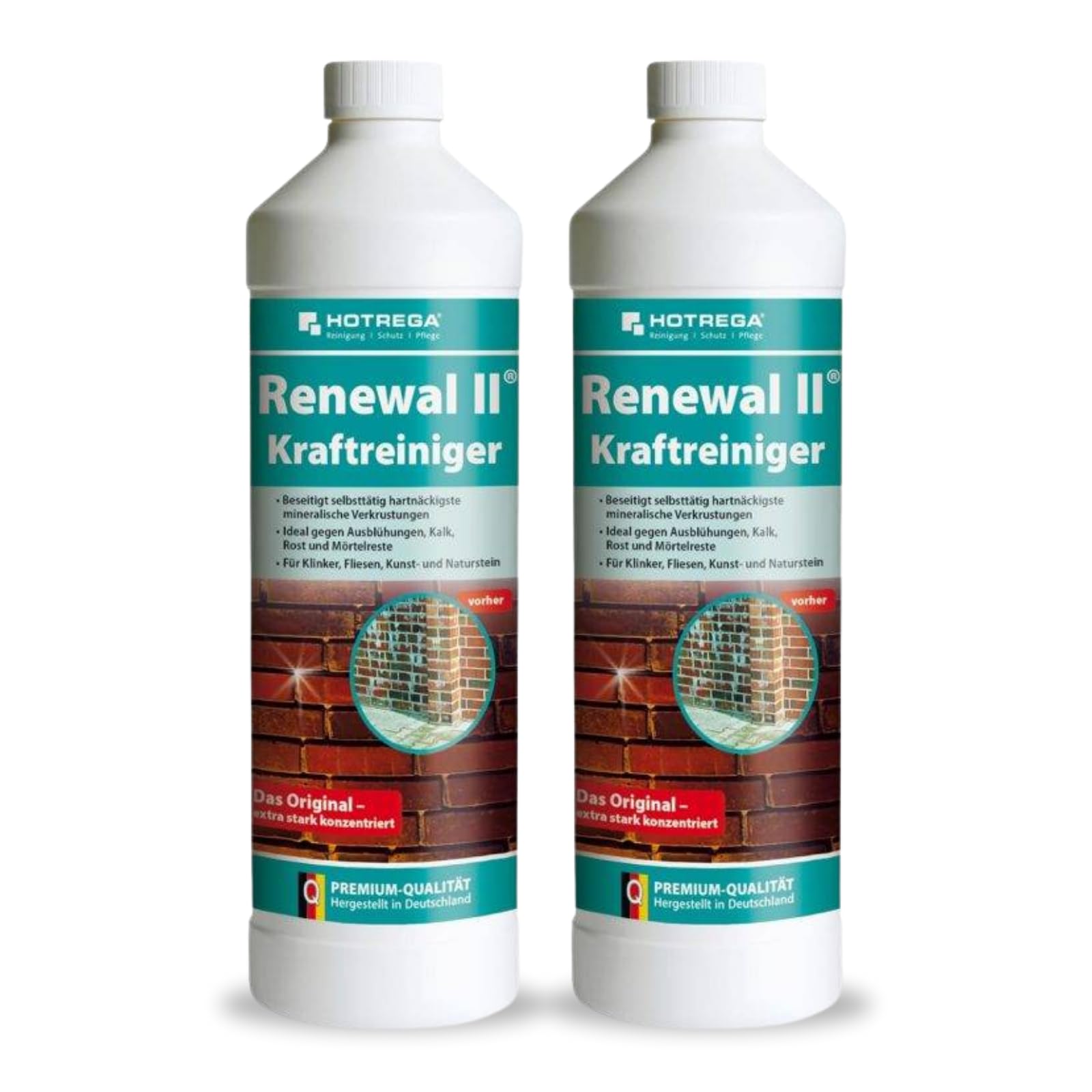 HOTREGA Renewal II Kraftreiniger Konzentrat 2x 1 Liter | Entfernt Kalk, Rost, Zement- und Mörtelreste von Fliesen, Natur- & Kunststein