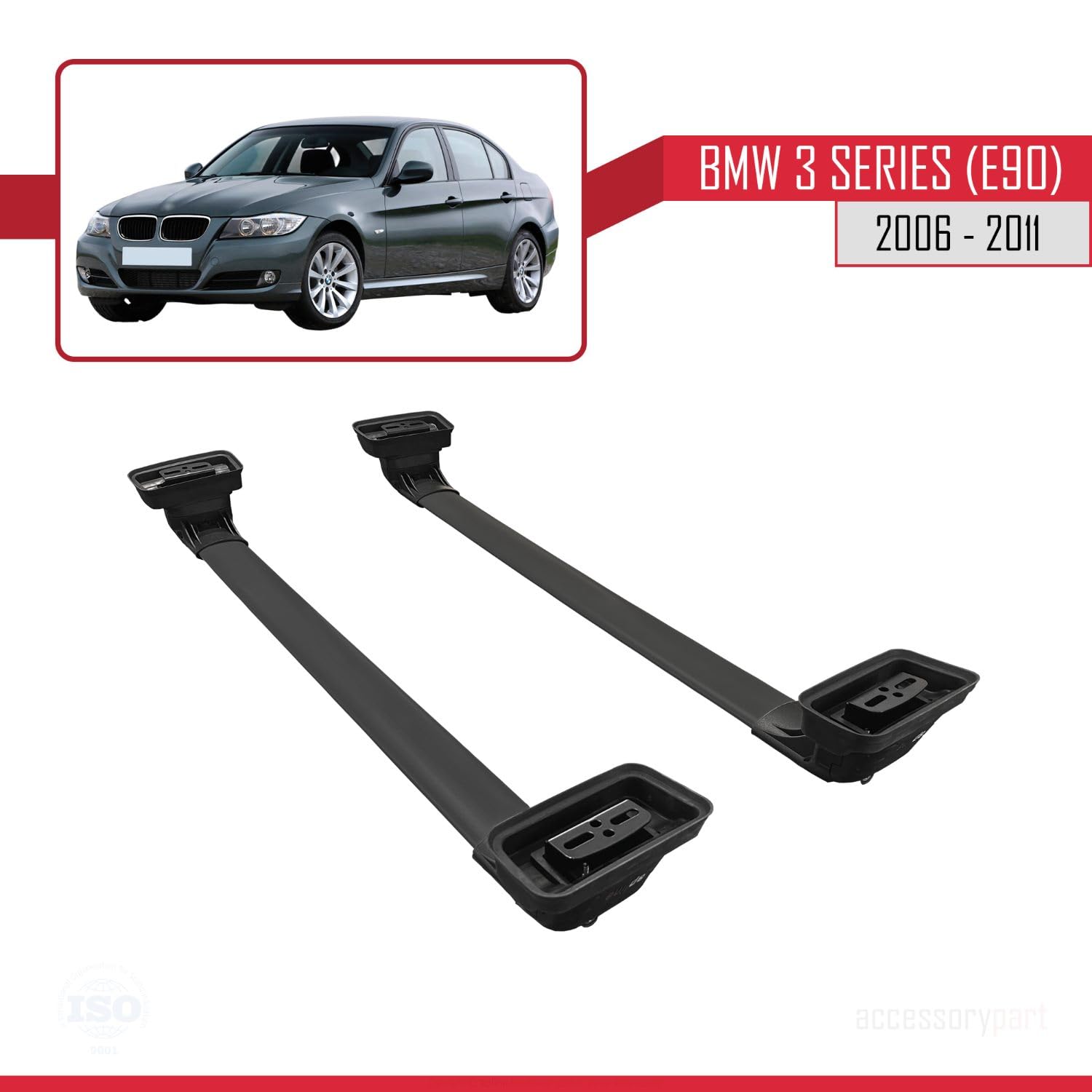 Compatible con BMW Serie 3 (E90) 2005-2012 Modelo Ace-3 Barra de Techo Auto Portaequipajes Barras Transversales Negro Aluminio 2 Barras