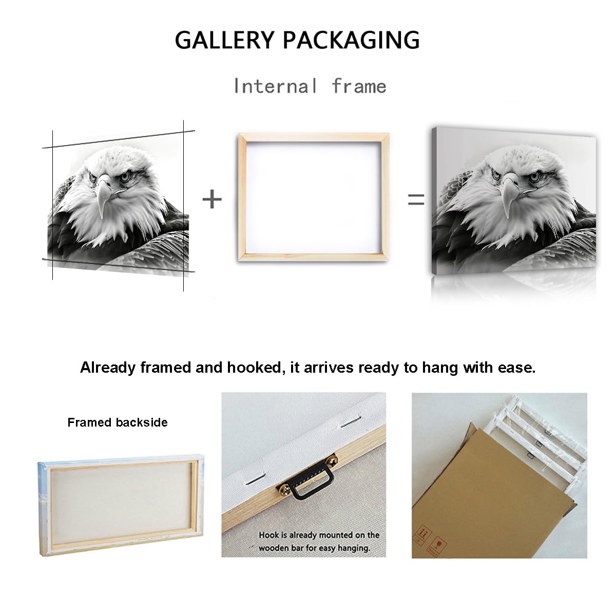 Via Vela Arte mural de lienzo de águila calva Murales de vida silvestre en blanco y negro Carteles de animales americanos Pintura para decoración del salón 60x80cm