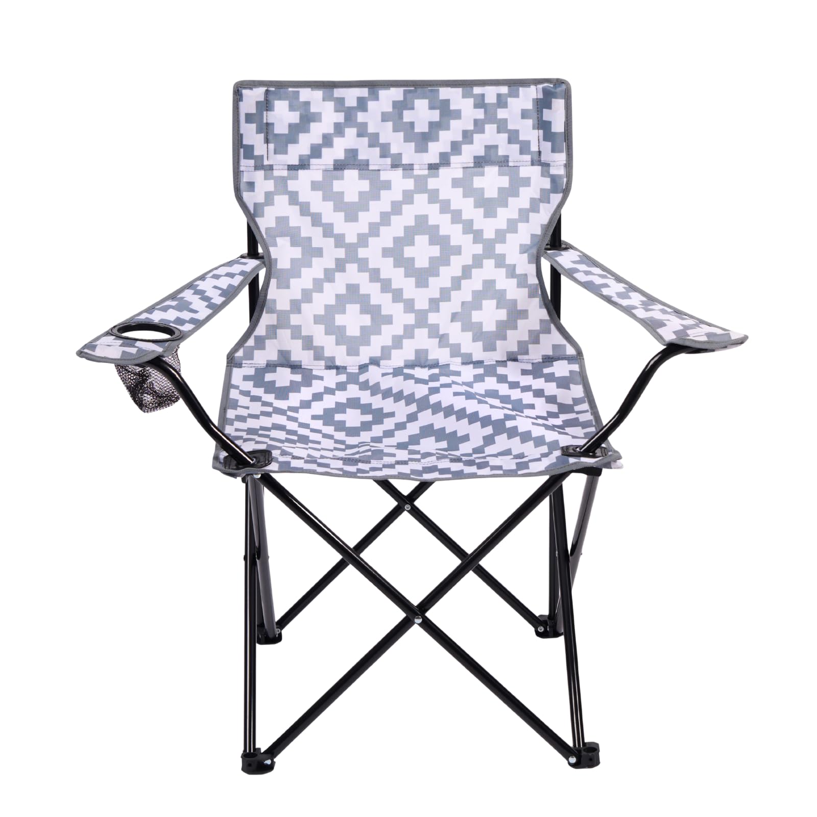 OHS Grey Geometric Camping Chair, Folding Garden Chairs Lightweight Comfy Steel Frame Picnic Festival Camping Chairs for Adults with Cup Holder Easy to Transport Outdoor Fishing Chair