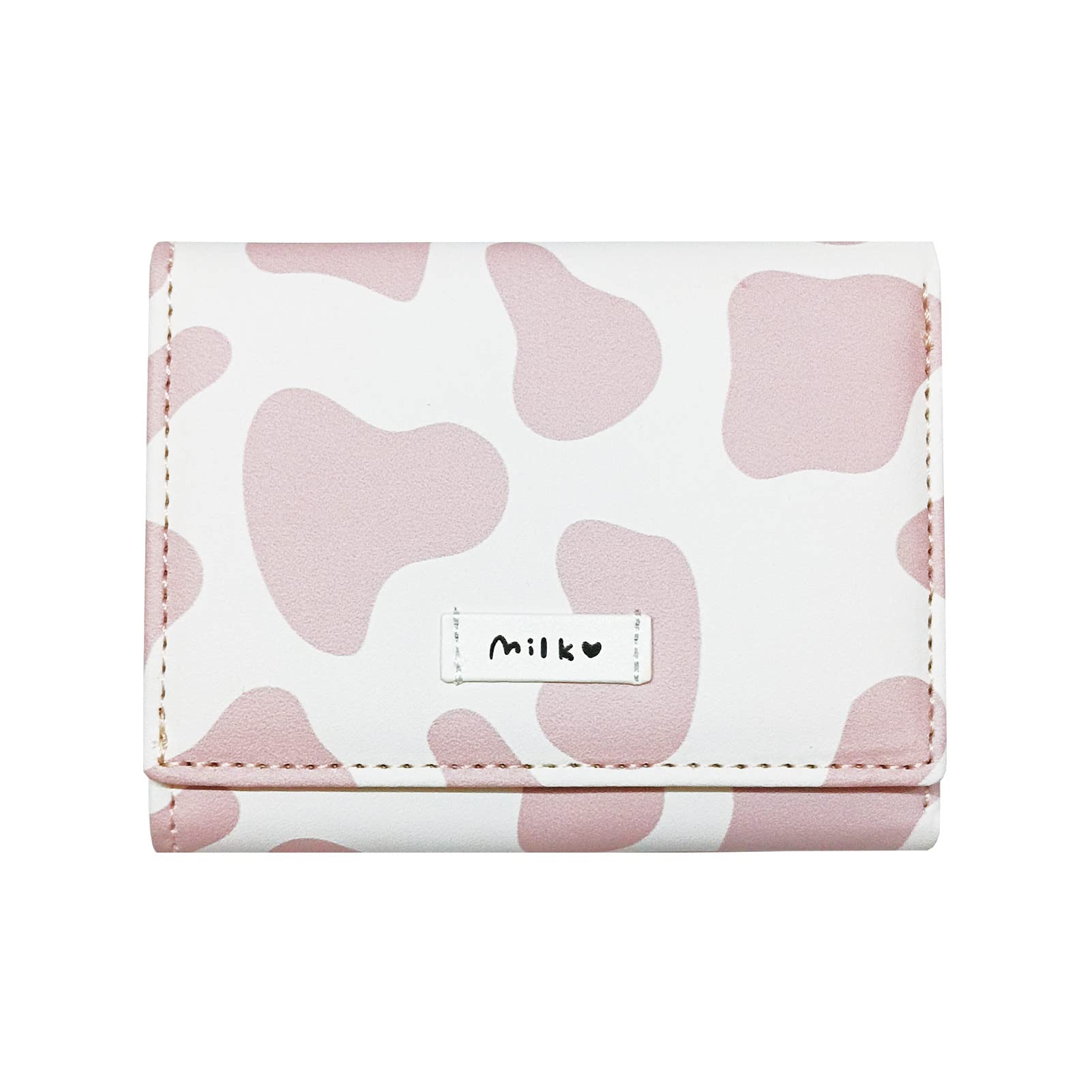 Women Girls Wallet Cute Cow Print Tri-Fold Wallet PU Leather Purse Slim Small Short Wallet Cartoon Trifold Cash Card Holder Bag (Pink Cow)