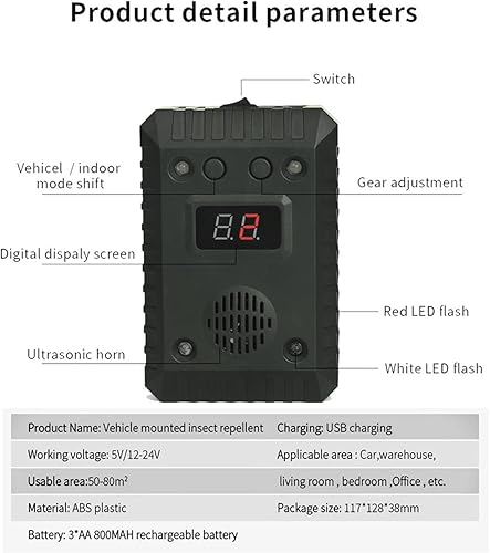 Miniatura 5 de Repelente ultrasónico de roedores para automóviles, repelente bajo el capó, funciona con pilas, disuasorio de ratas y ardilla con luz