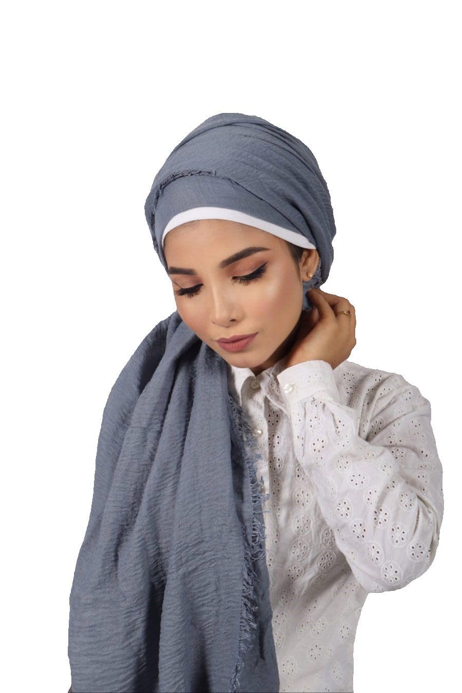 Shoes Lane Ladies Maxi Long Crinkle Frayed Edges Crimp Mix Cotton Scarf Hijab Shawl Wrap (Denim)