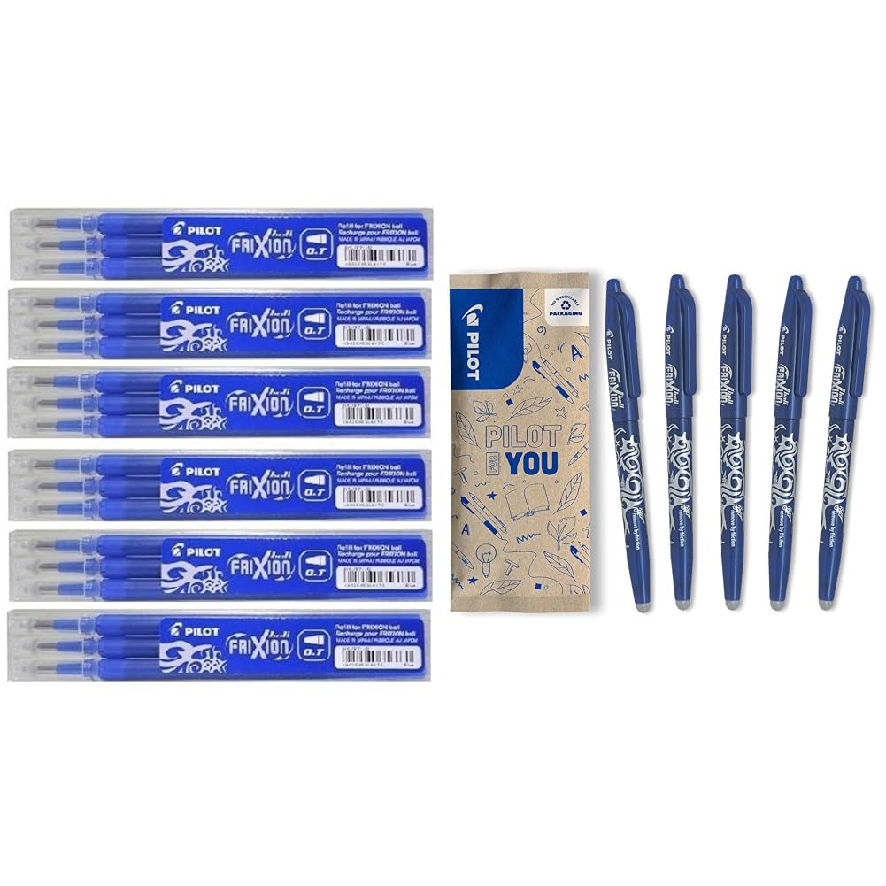 Pilot Frixion Lot de 6 paquets de mines de rechange effaçables pour stylo à bille BLS-Fr7 Bleu 0,7mm & 5 FriXion Ball - Encre Gel Effaçable - Stylo Roller Rechargeable et Ergonomique - Bleu