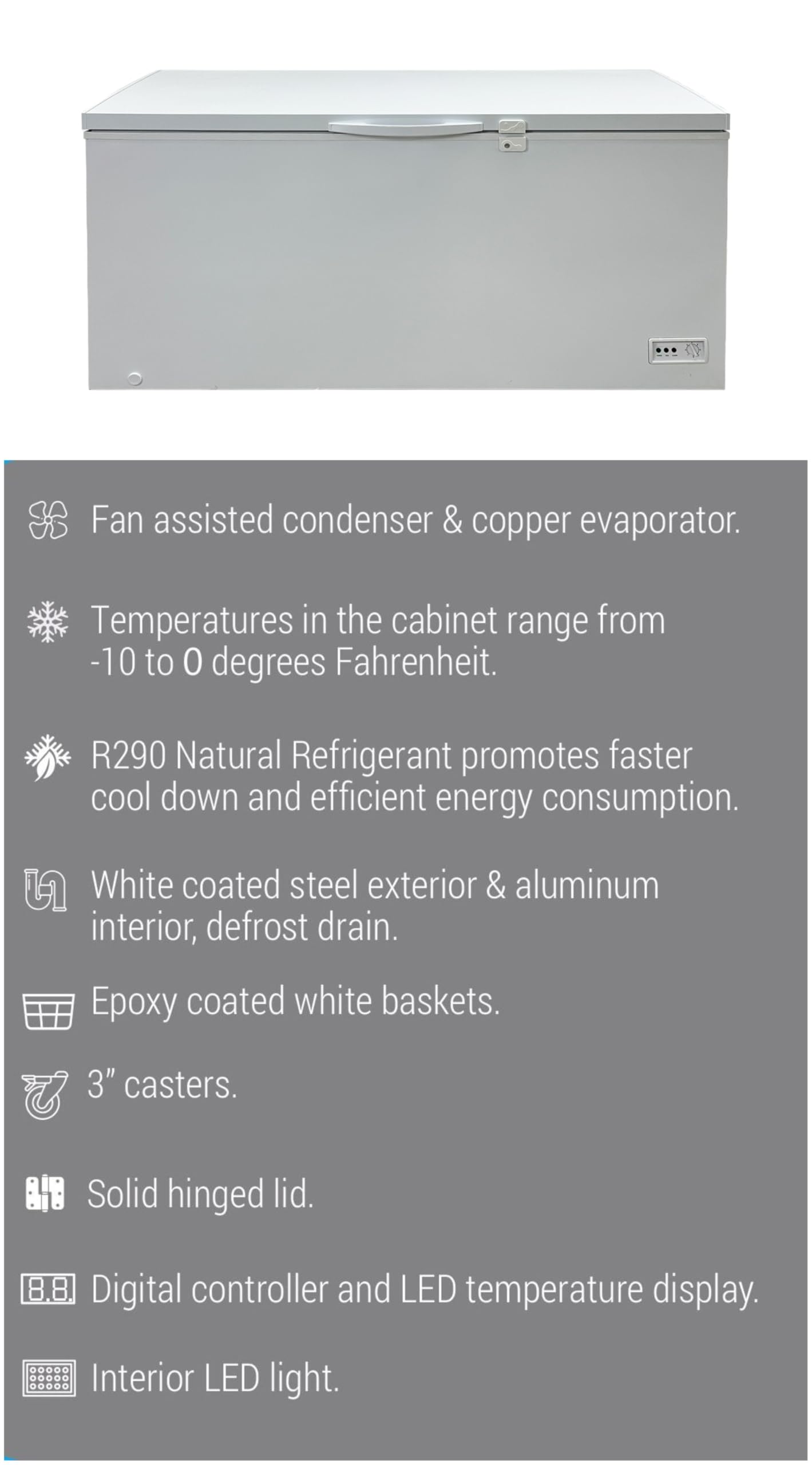 Commercial Chest Freezer, ETL All-Purpose Compact Deep Freezer Solid Top, 65" W 18 cu. ft. Solid door w/Storage Baskets, Ice Cream, White on Fridge.com