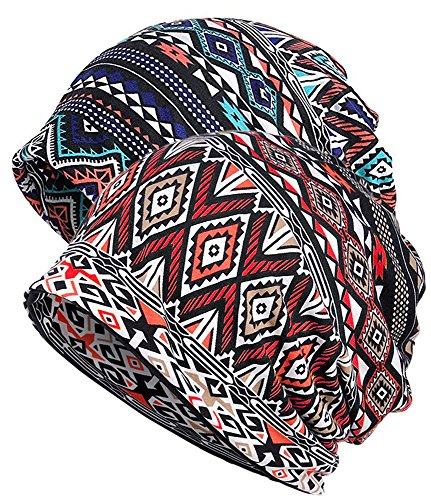 Qunson Women's Printed Baggy Slouchy Beanie Chemo Hat Cap Pack of 2
