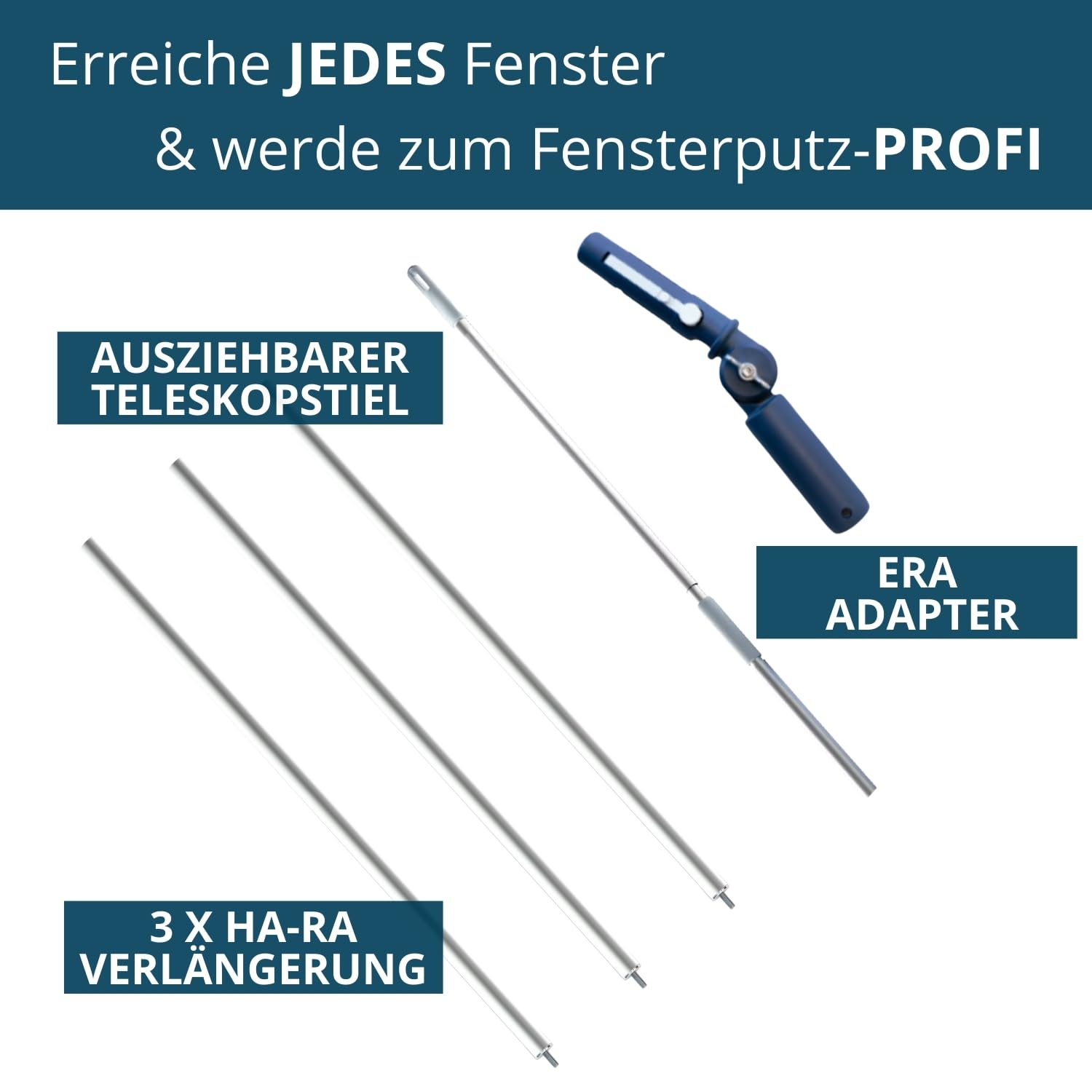 Stiele-Set 5-teilig ERA bis 4,49m I 1x Ha-Ra Teleskop-Stiel verlängerbar 1,14-1,70m & 3X Ha-Ra Verlängerung 0,93m & ERA Adapter I robuster Teleskopstiel ausziehbar