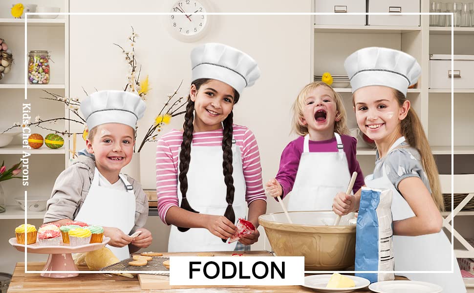 Catime Large Kids Apron and Chef Hat, White Unisex Kids Apron with 2 Pockets, Ages 6-13, 2 Set L - Image 3