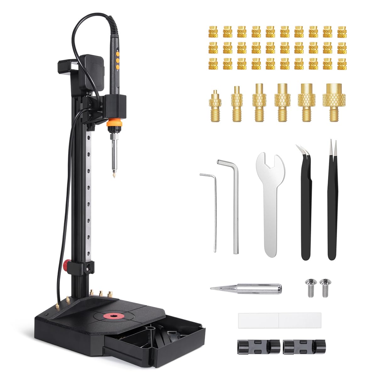 Nutopress Pro pionowy zestaw grzewczy, narzędzie do wkładania, lutownica 90 W, 30 mosiężnych wkładek gwintowych M2-M8 i końcówka zestawu Heat-Set, kompatybilny z PLA, ABS, PETG, do komponentów