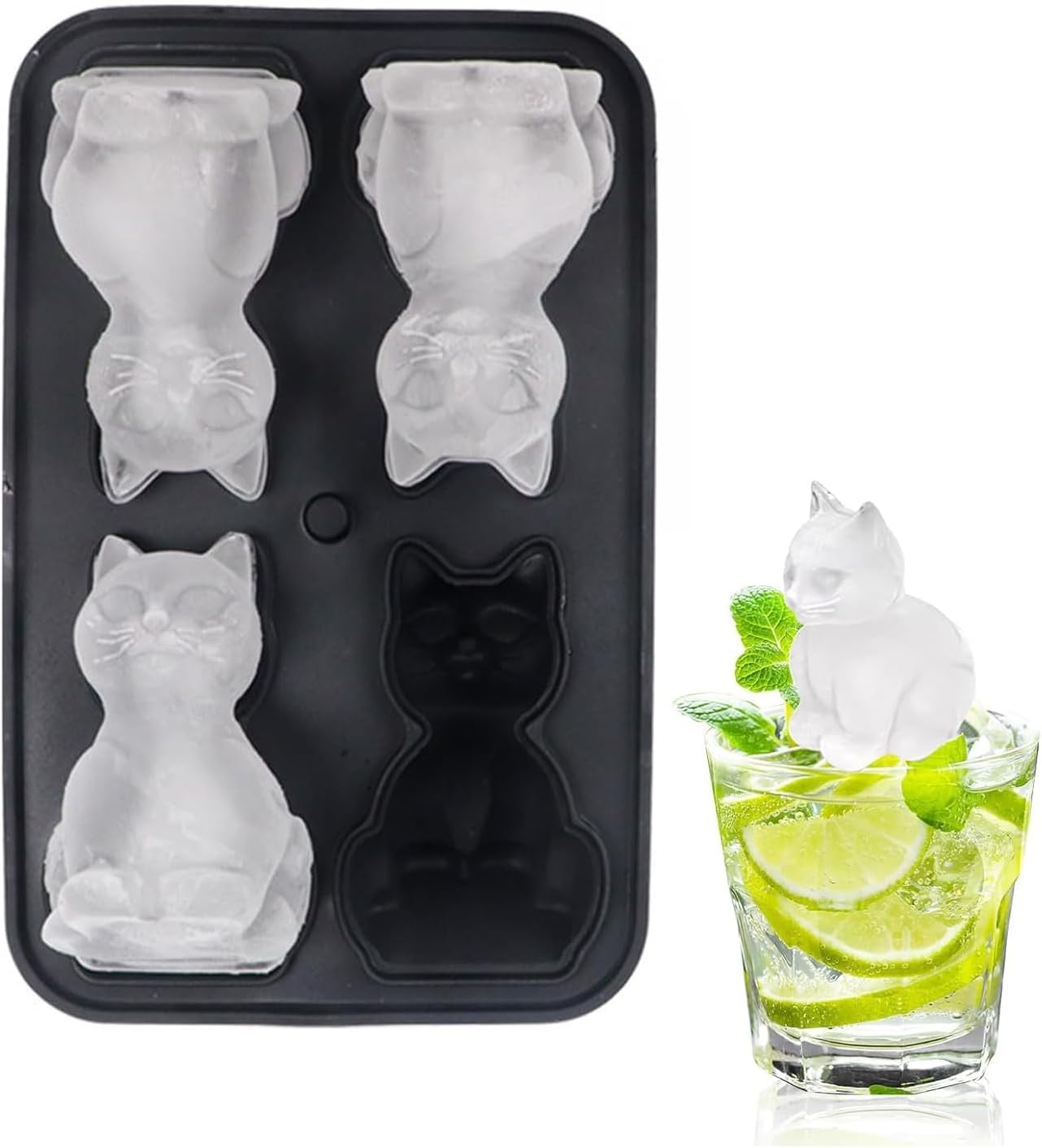 Ice Cube Tray,3D Cat Ice Cube Tray Mould with Lid Makes 4 Vivid Cats Reusable Molds with Homemade Drink Decoration Fun Animal Shape 3D Popsicle Mold for Whiskey Cocktails