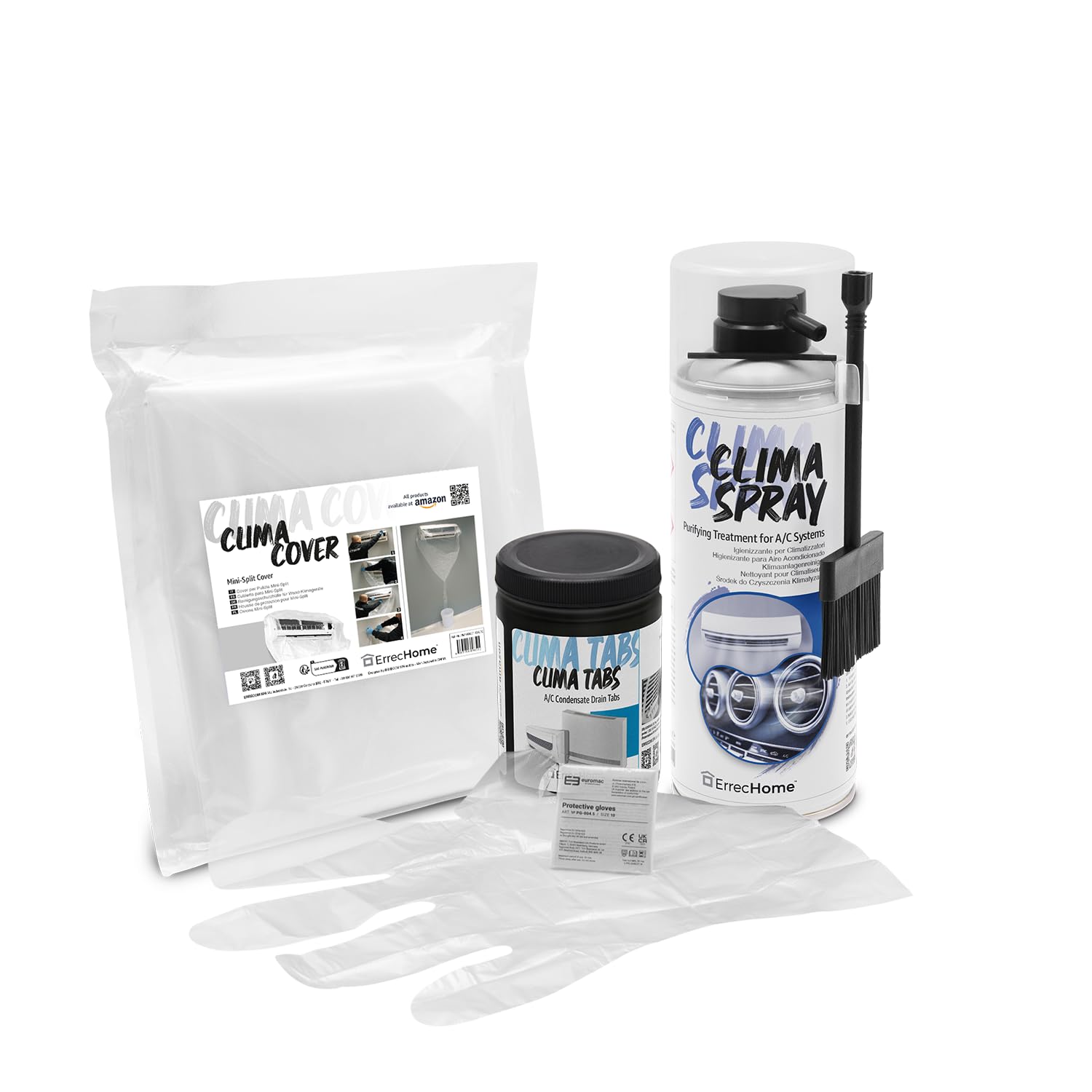 ErrecHome Kit de limpieza aire acondicionado, incluye limpiador Clima Spray PRO con cepillo de cerdas duras, funda protectora Clima Cover,Clima Tabs 40 pastillas de acción prolongada,guantes incluidos