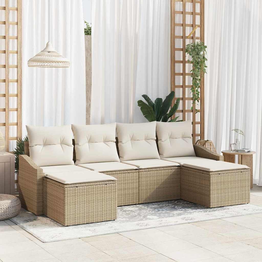 Set di divani da giardino con cuscino beige in polyrattan modulare resistente alle intemperie per relax e pranzo su terrazza, balcone o patio con tavolo regolabile e ampie soluzioni di