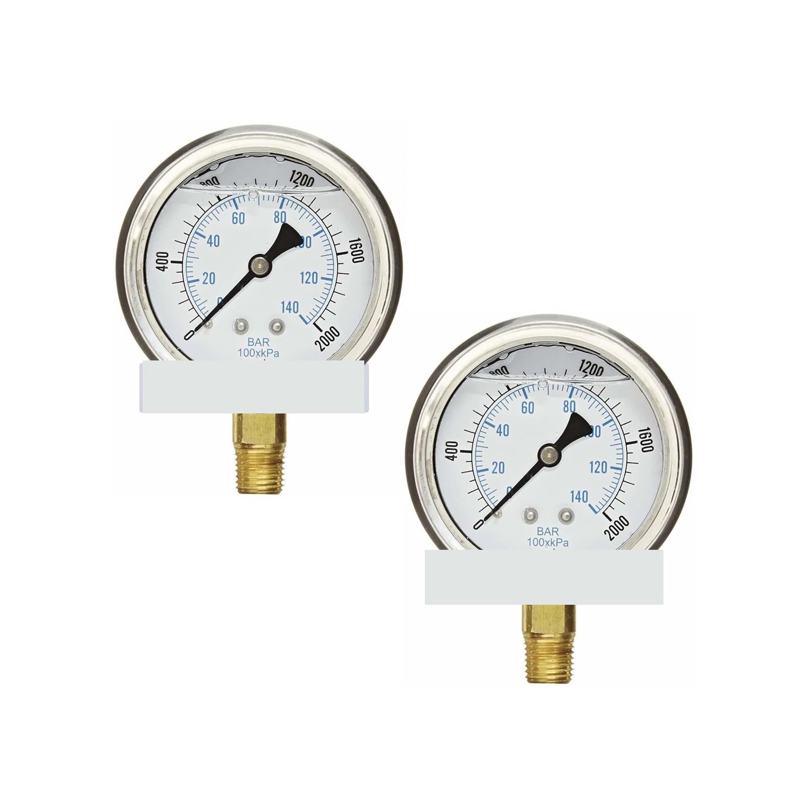 2-pak ciśnieniomierzy napełnionych płynem 0-2000 psi, wyświetlacz 2,5", przyłącze odciążające 1/4" NPT