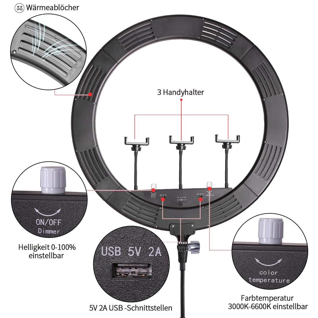 25 Zoll 75W Dimmbare zweifarbige LED-Ringlicht mit 70,87 Zoll Edelstahl-Schwerlastfotografie-Lichtständer, Schlauch, geeignet für Make-up, Selfies, YouTube, Augenbrauen, Tätowierungen,Wimpern