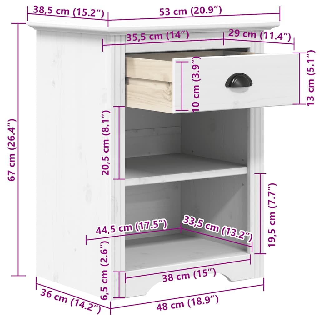 Comodino BODO in legno massello di pino bianco con 1 cassetto e 2 scomparti, 53x38,5x67 cm, mobiletto salvaspazio versatile per camera da letto, soggiorno, ufficio, design francese elegante