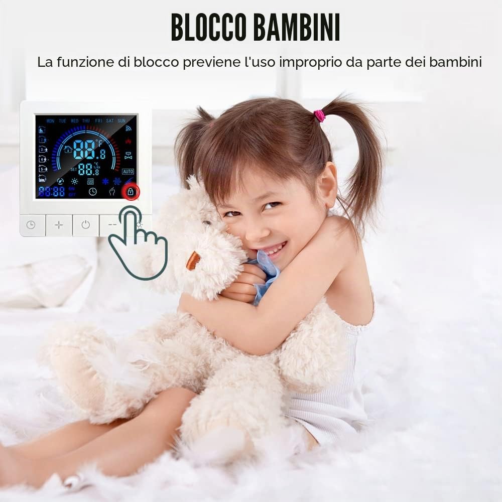 Termostato Digitale Programmabile con Blocco Bambini Display LCD WiFi Sensore NTC Riscaldamento Elettrico Regolatore di Temperatura a Pavimento Caldo Termostato a Parete Intelligente per Home Office