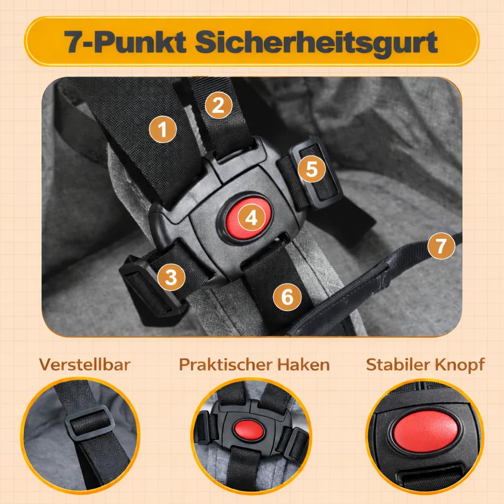 Klappbarer Babytischsitz mit Verstärkter Klemme (Grau) – Tragbar, inkl. Aufbewahrungstasche & Waschbar – bis 18 kg – aus Leinen