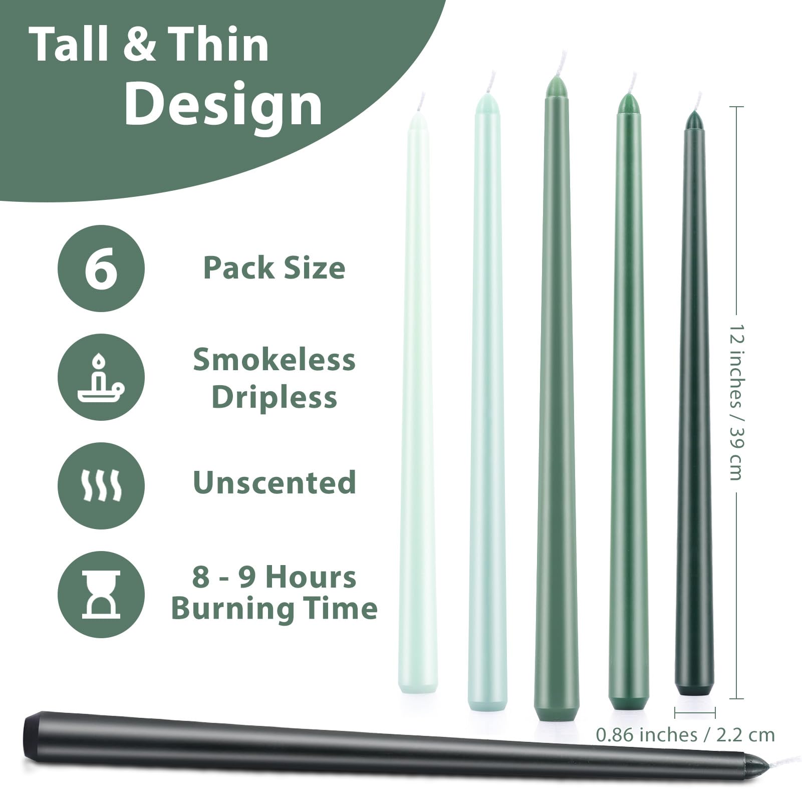 BEARAE Taper Candles, 12 Inch 6 Pack Candle Sticks Smokeless Dripless Unscented Candlesticks, Long Tapered Candles for Wedding Dinner Birthday Ritual Prayer Meditation, 8 Hours Long Burning, Green
