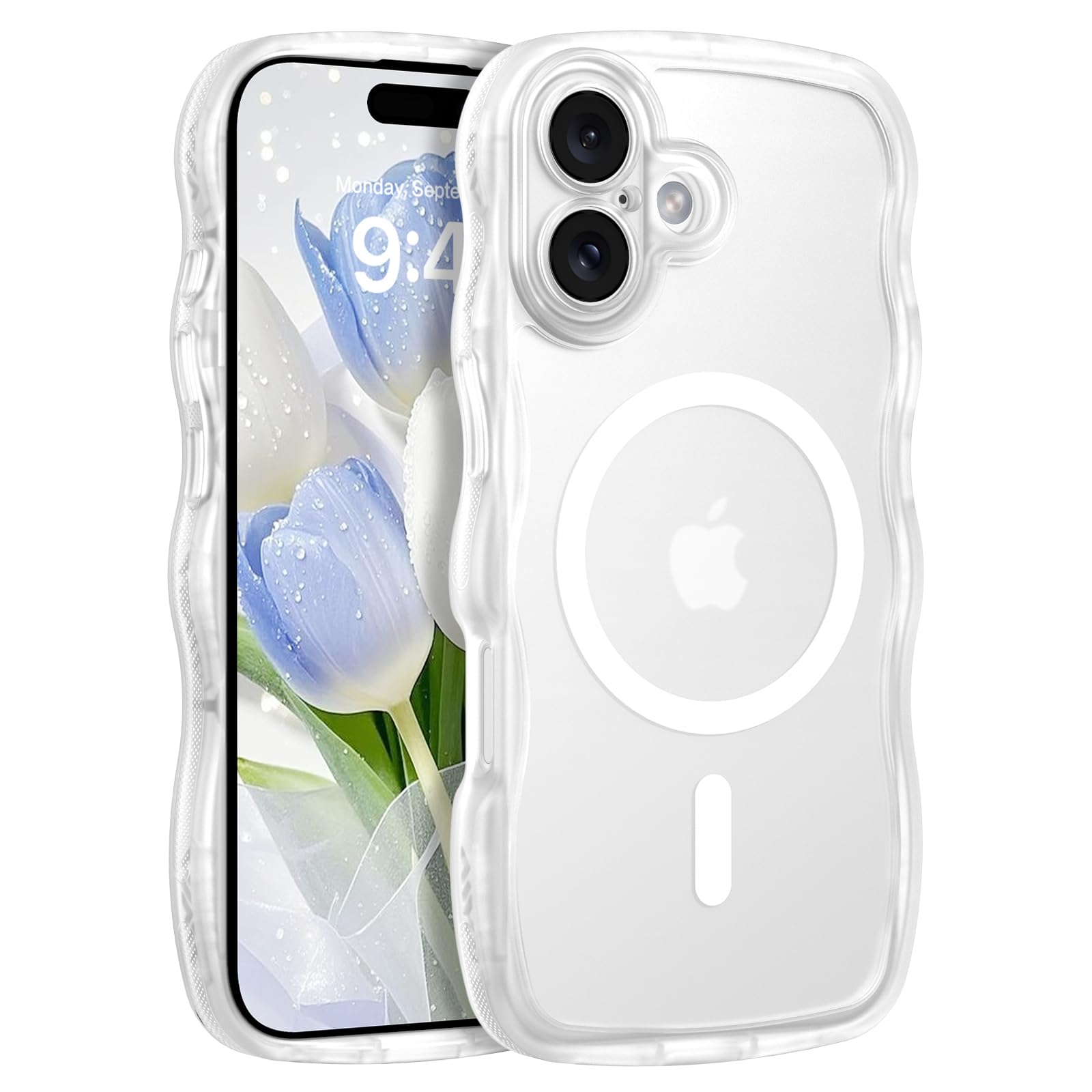 DOMAVER iphone 17 ケース Magsafe対応 半透明 ウェーブ 波形 可愛い ストラップホール付き アイフォン 17用カバー PC+TPU 指紋防止 画面レンズ保護 耐衝撃 滑り止め いphone17 スマホケース 6.3インチ ホワイト