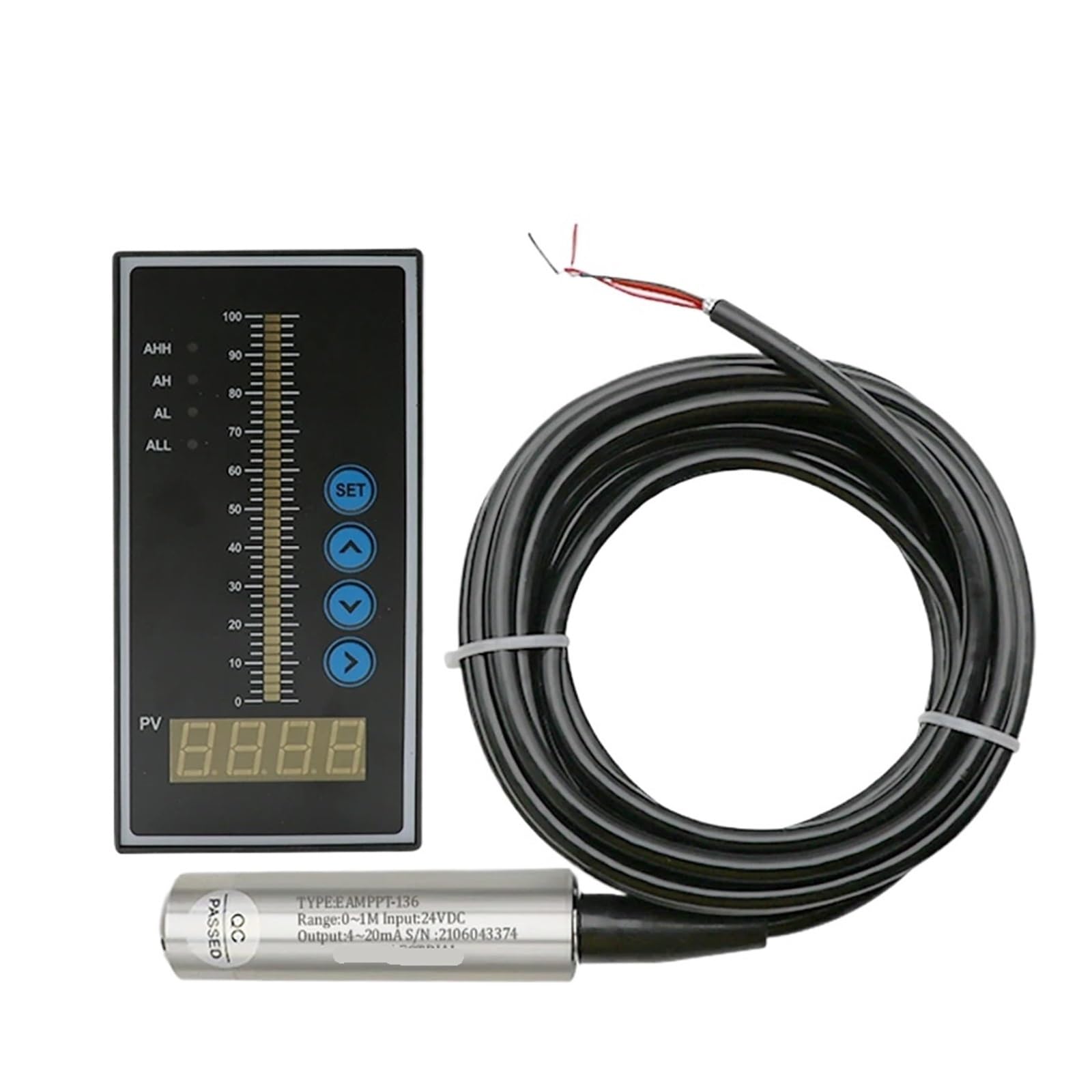 Sensor de nivel de líquido 1 juego de sensor de nivel de agua y aceite líquido integral con salida de 4-20 mA, transmisor de detección con interruptor de flotador, bomba de alarma(5m range 5m cable)