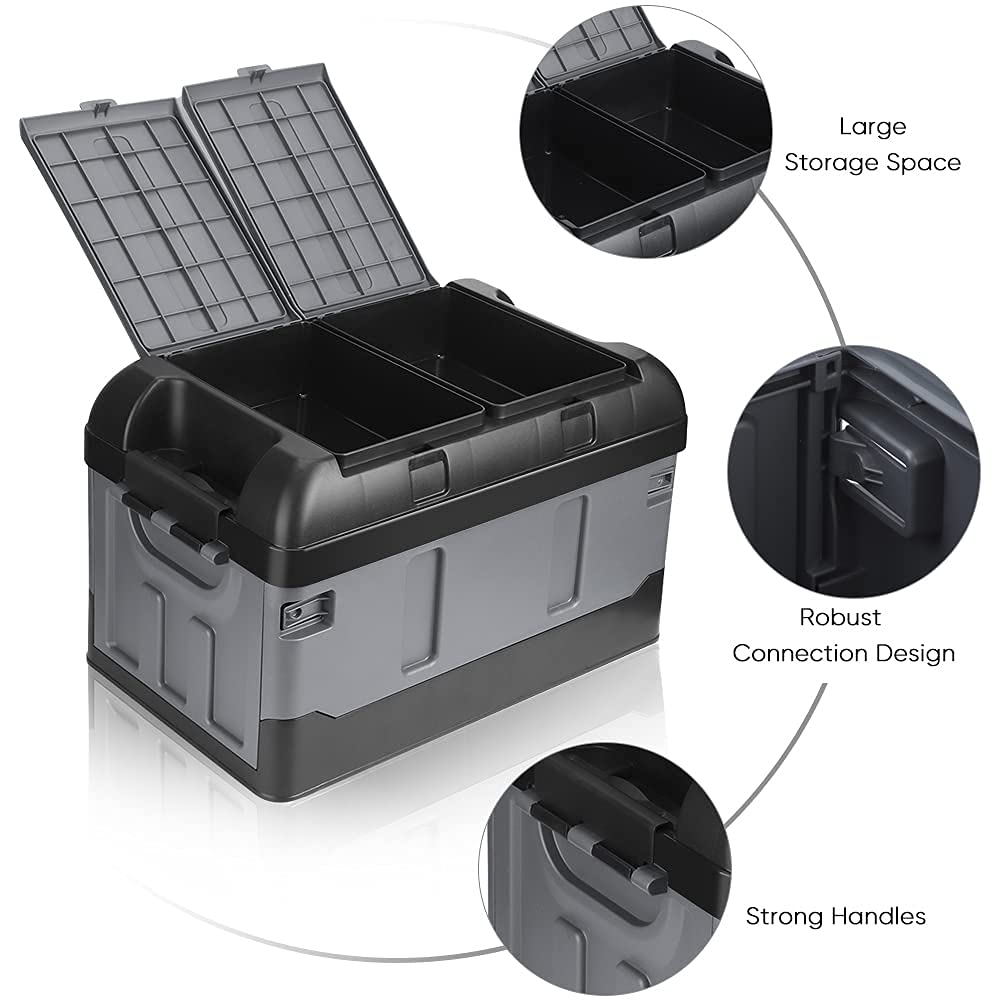 45L Caja de Almacenamiento de Maletero Coche, Organizador Maletero Coche con Cubierta Caja de almacenamiento de plástico plegable para coche para viaje pescar cámping 47 x29 x 29cm(Negro mate)