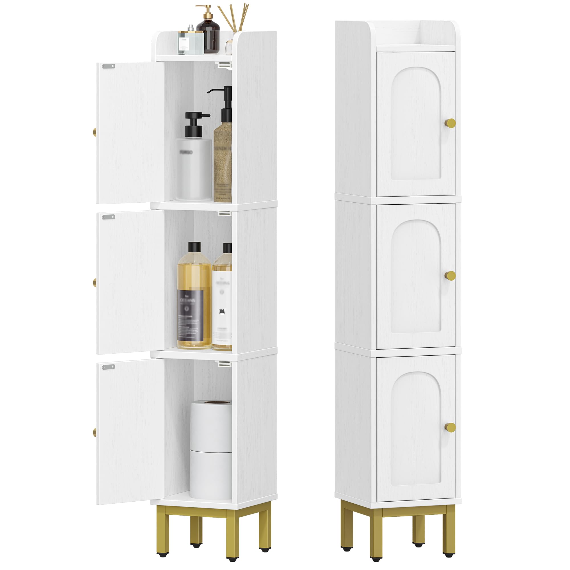 Hzuaneri Mueble de Baño, Armario de Almacenamiento Estrecho para Baño, 3 Puertas, 4 Patas Ajustables, para Lavadero, Cocina y Sala de Estar, 20 x 20 x 108,5 cm, Blanco BC22313G | Armario esquinero con patas ajustables, para cuarto de baño, cocina, 20 x 20