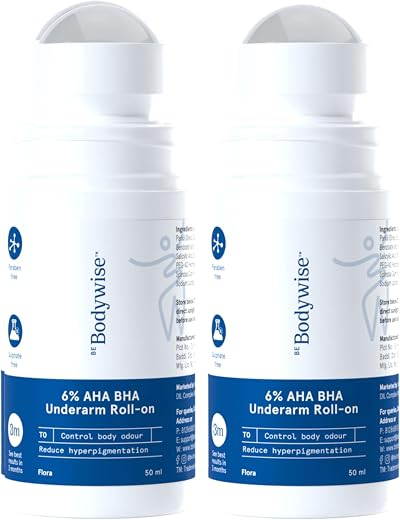 Be Bodywise 6% AHA BHA Underarm Roll-on Deodorant, Flora Fragrance,1% Mandelic,4% Lactic,1% Salicylic &amp; Kojic Acid, Reduce