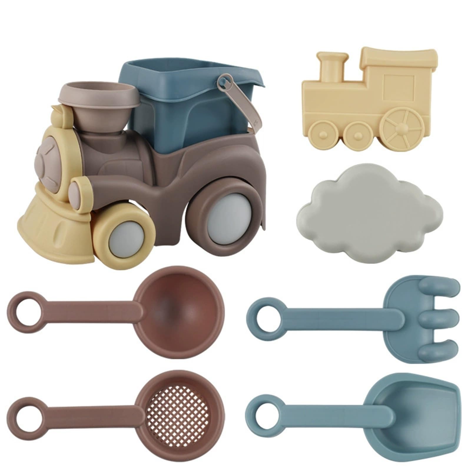 Kids 2-in-1 Toy Train Beach Bucket Set with Sand Pit Tools, Engineering Vehicle Moulds, Spade, Rake & Cloud Sandcastle Kit, Portable Outdoor Summer Beach Sand Toys for Boys & Girls Ages 3+
