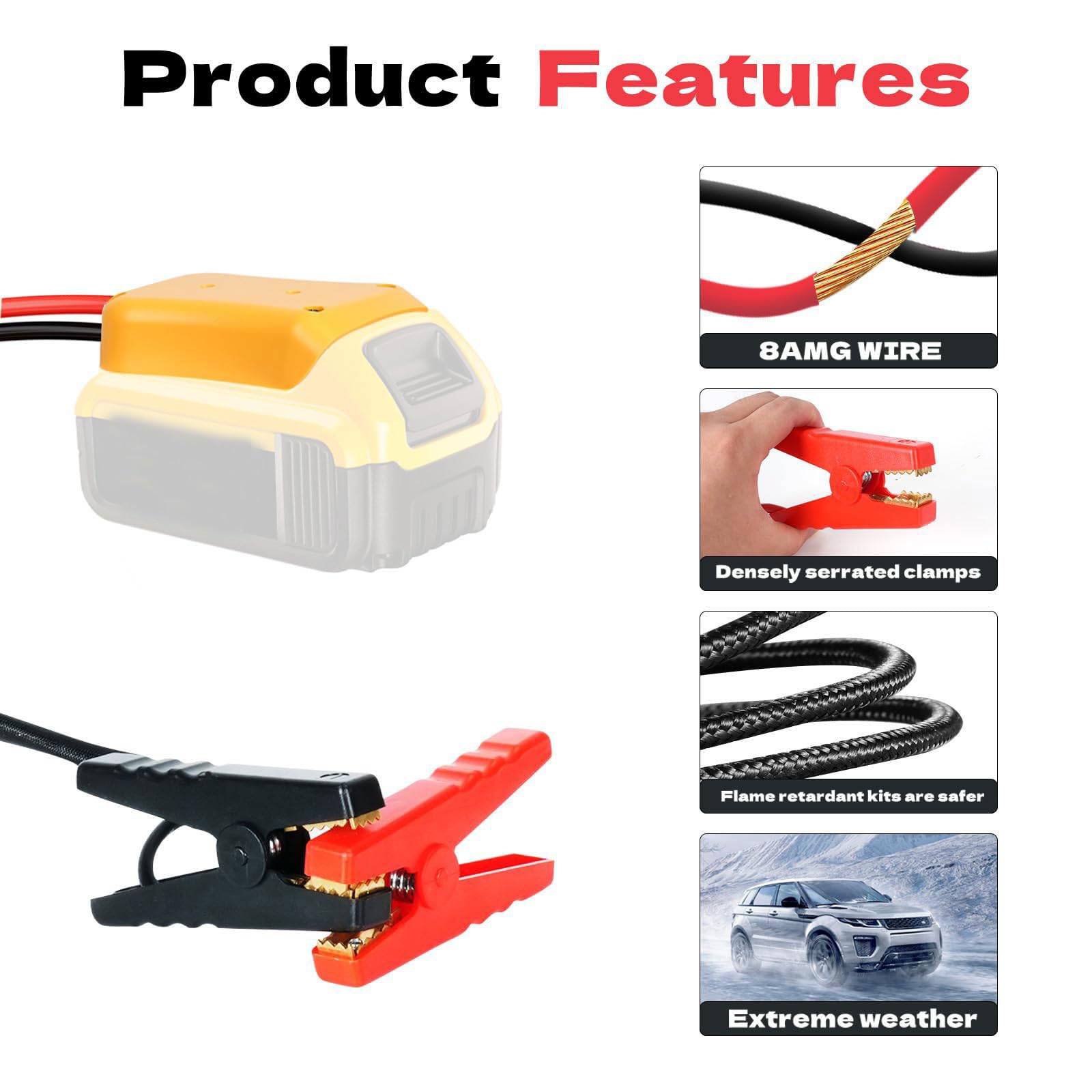 Abrazadera para cable de arranque de batería de automóvil, cable de 8 AWG para necesidades de viaje de 12 V con empuñaduras aisladas rojas y negras y clips aislados para recogida de almacenamiento en