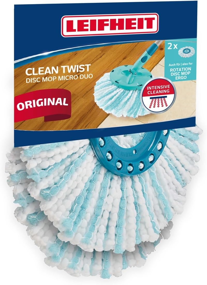 Leifheit Replacement Mop Head Clean Twist Disc Mop x 2 Pack – Dual Fibre System for Deep Cleaning & Maximum Absorption – Compatible with Clean Twist Systems – Set of 2 – White/Turquoise