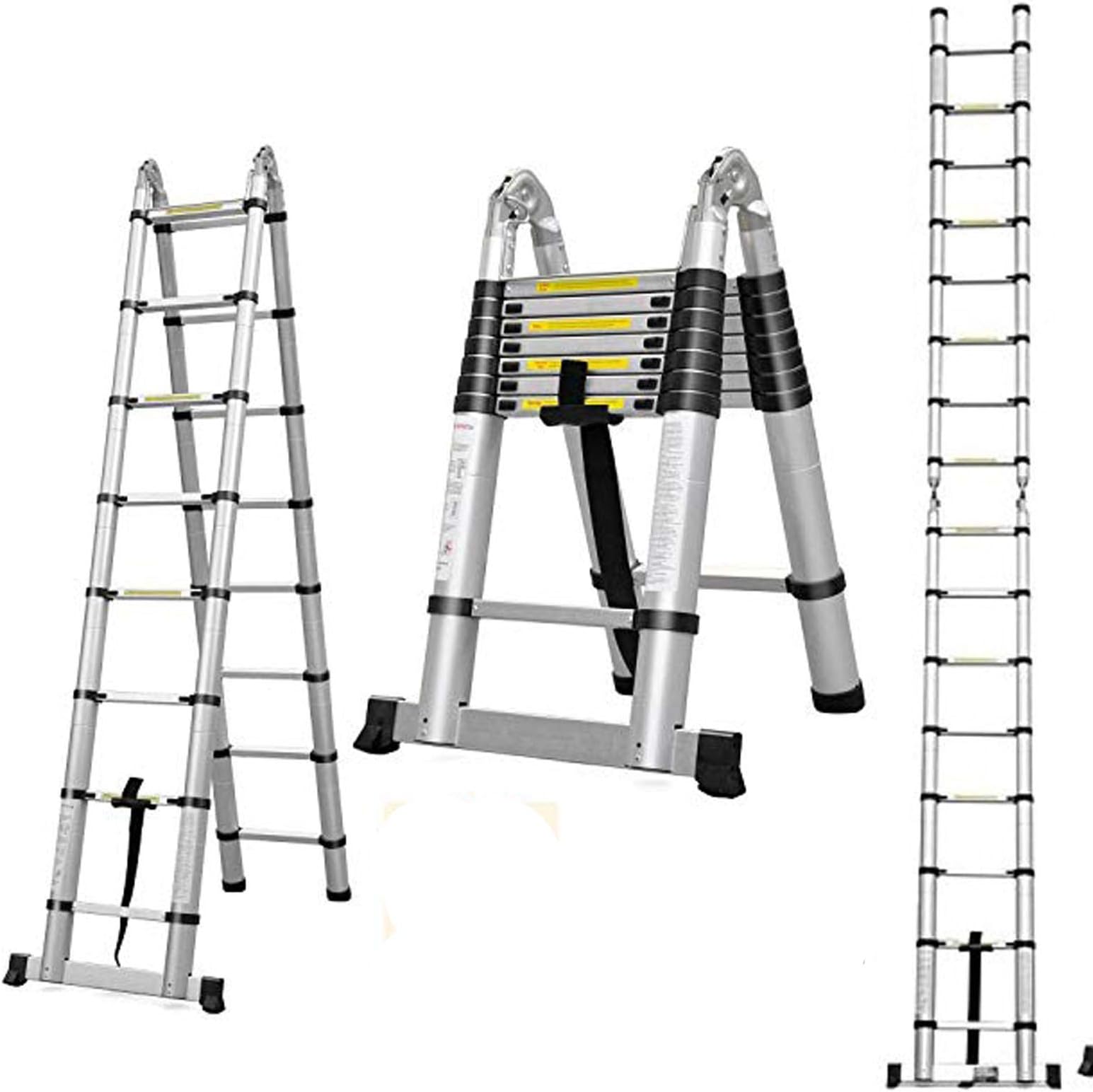 Aluminum Telescoping Extension Ladder 330 Pound Capacity 16.5 Feet 16 Folding Steps A-Frame 2.5m+2.5m