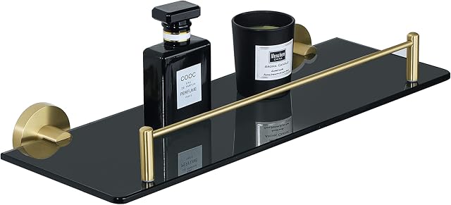 Mooche Tempered Glass Shelf Bathroom Shelf with Rail Wall Mounted 15 Inch, SUS304 Stainless Steel Golden Bracket and Black Tempered Glass, GDL5380HL-GB