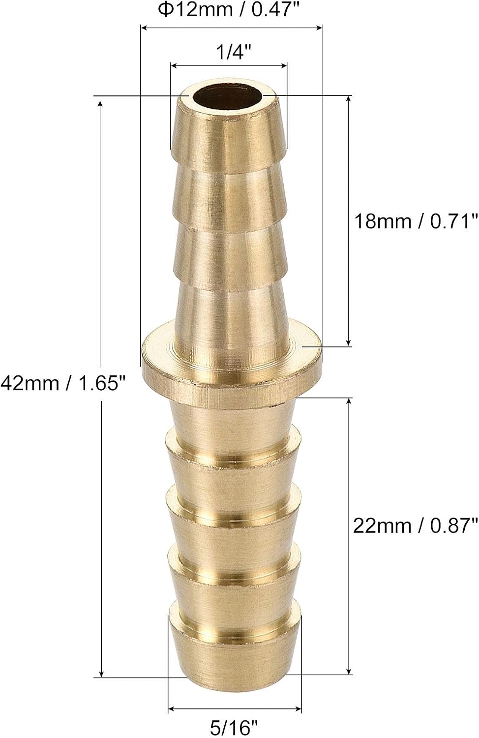 sourcing map Hose Barb Fitting, 5/16 to 1/4 Inch Brass Hollow Straight Quick Connector for Water Fuel Air Oil Gas - Image 3